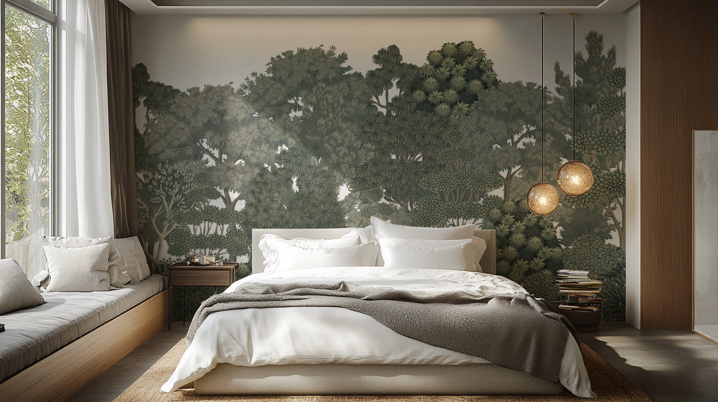 Tree pattern wall mural with a natural forest look
