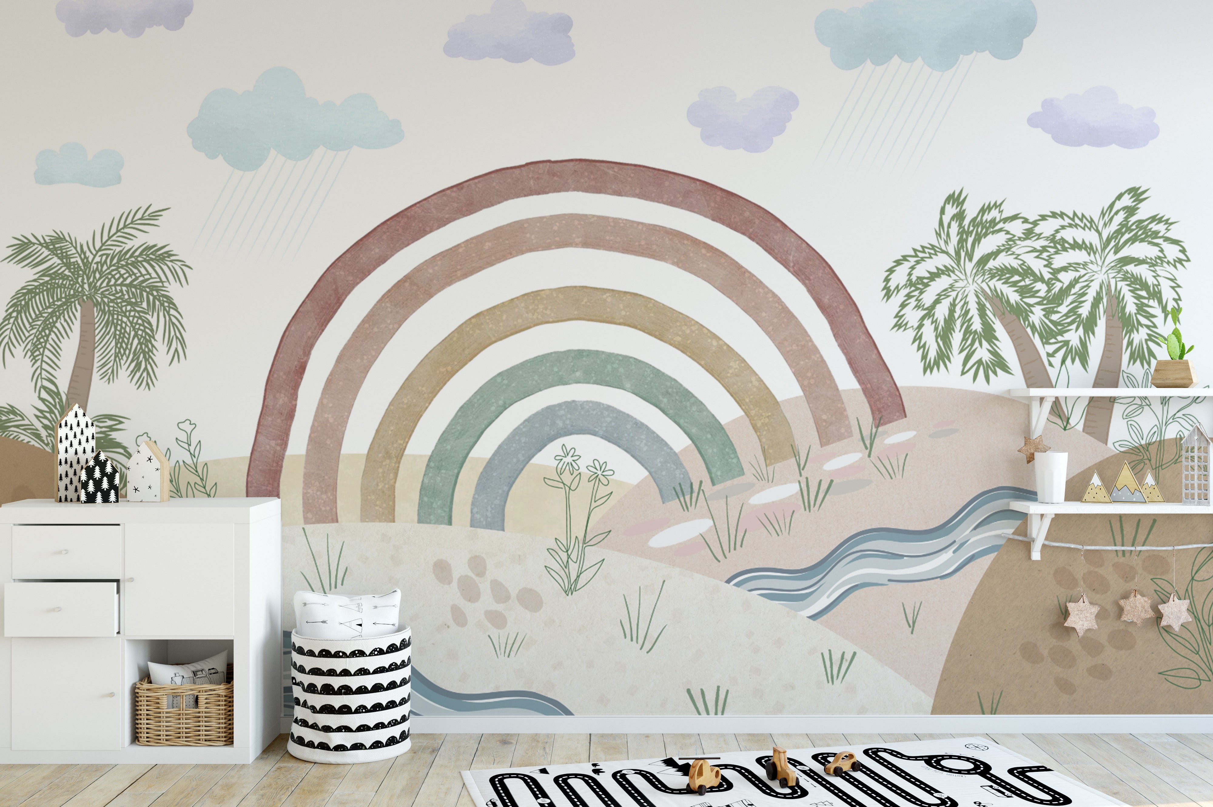 Minimalist rainbow wall mural for modern interiors
