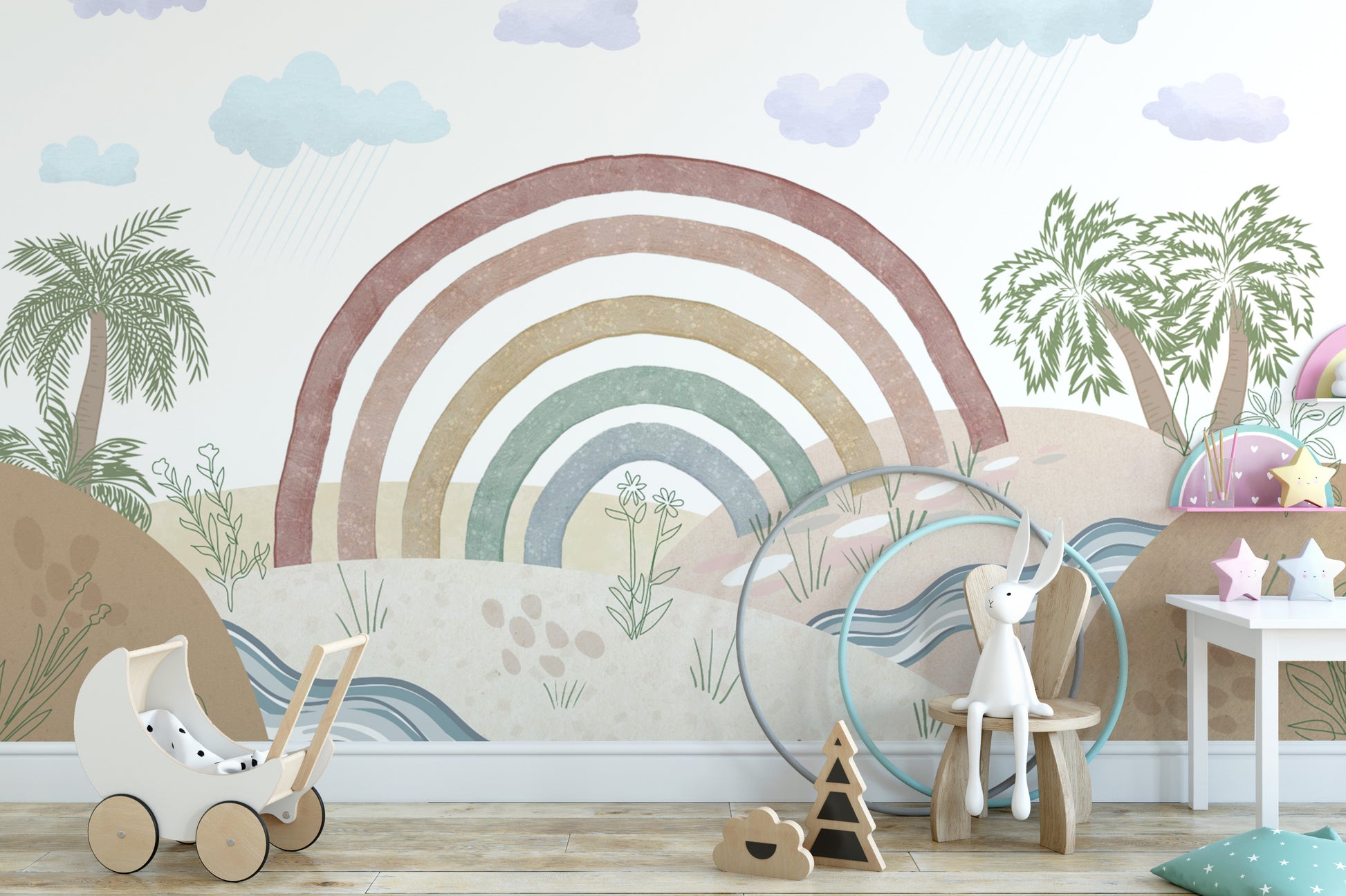 Watercolor rainbow landscape mural with nature details
