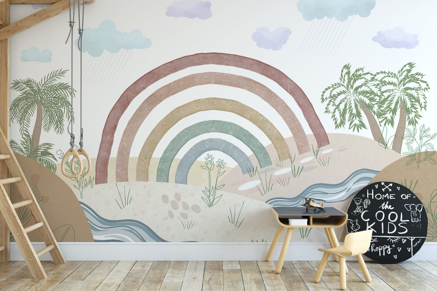 Boho rainbow wallpaper featuring a peaceful nature scene
