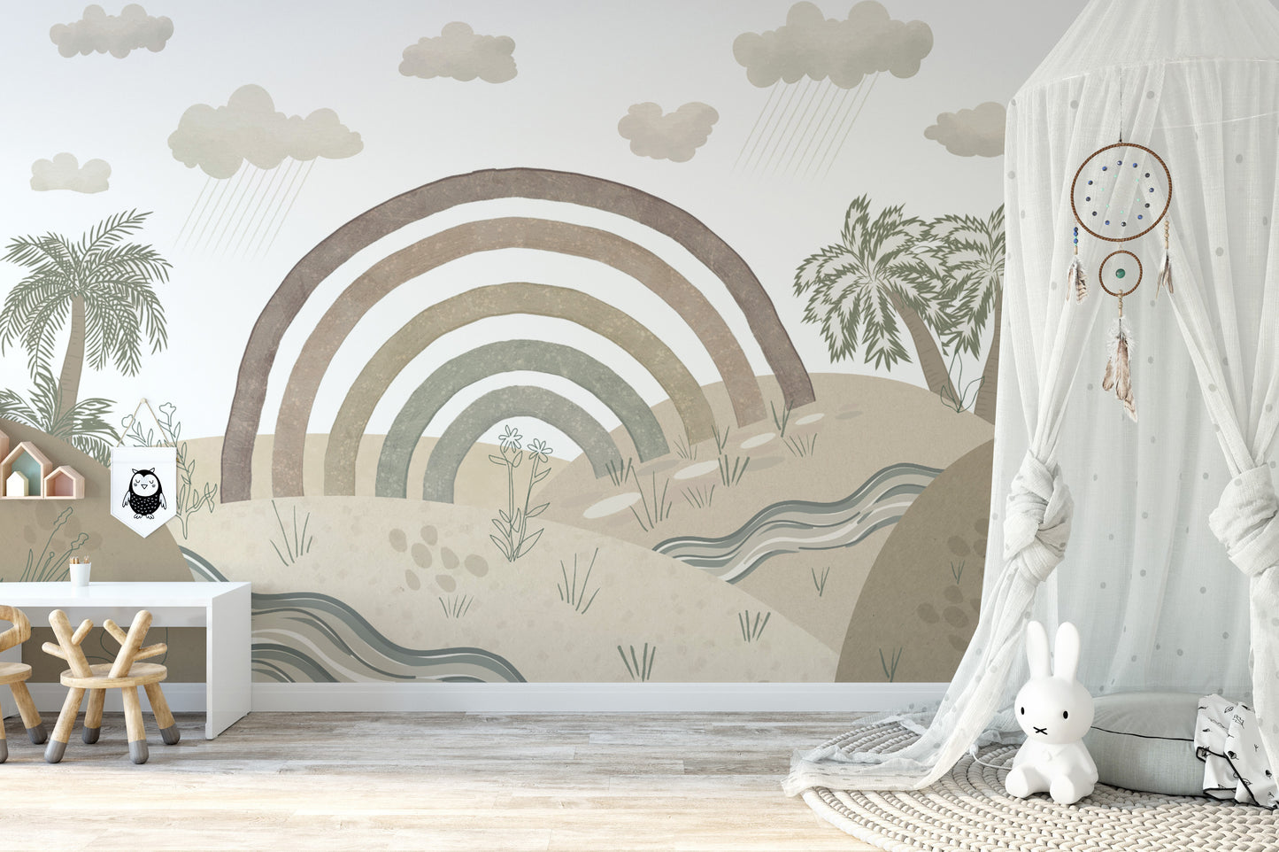 Hand-drawn nature-inspired wallpaper with earthy shades
