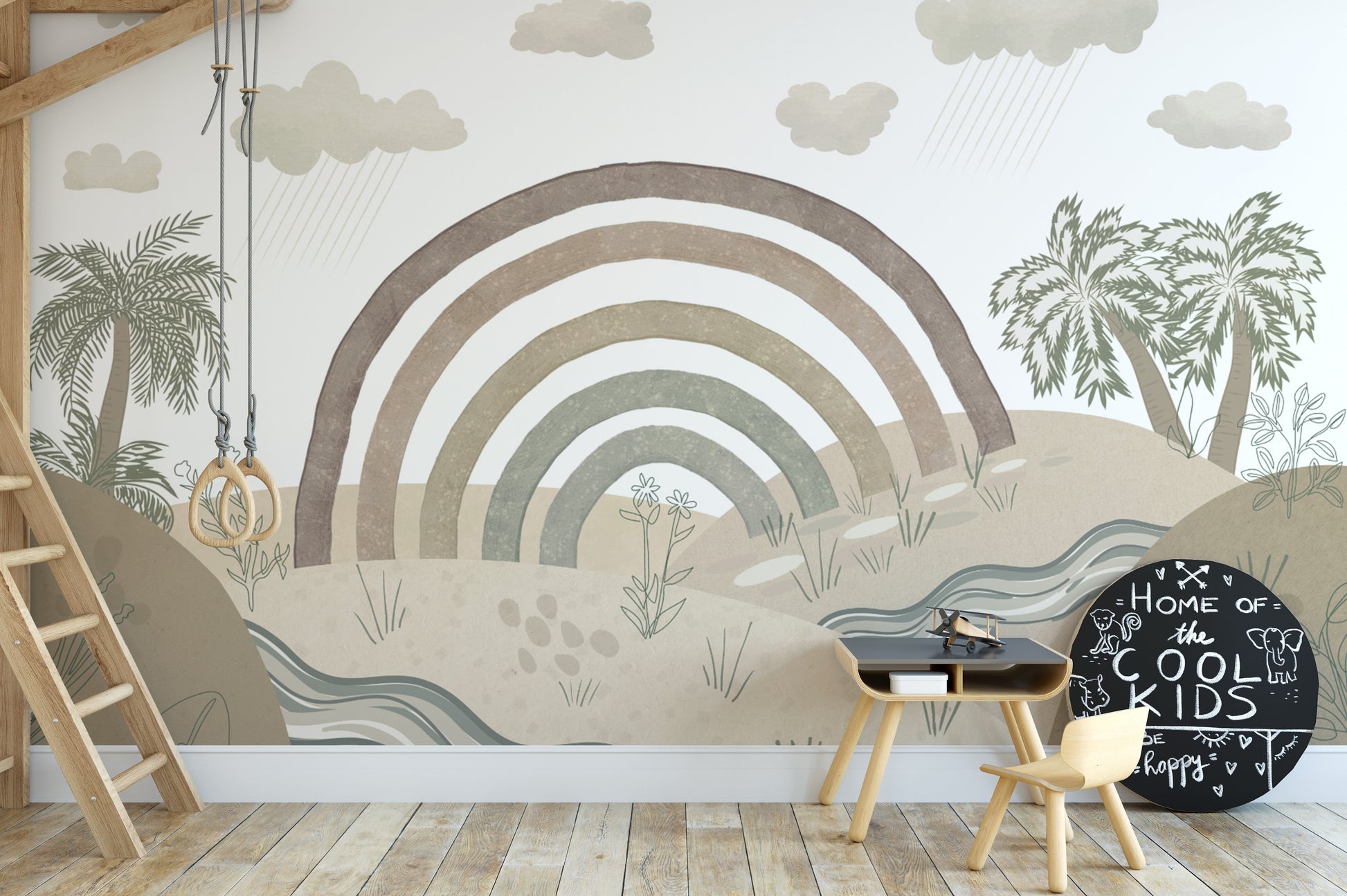 Scandinavian pastel wallpaper featuring a rainbow scene
