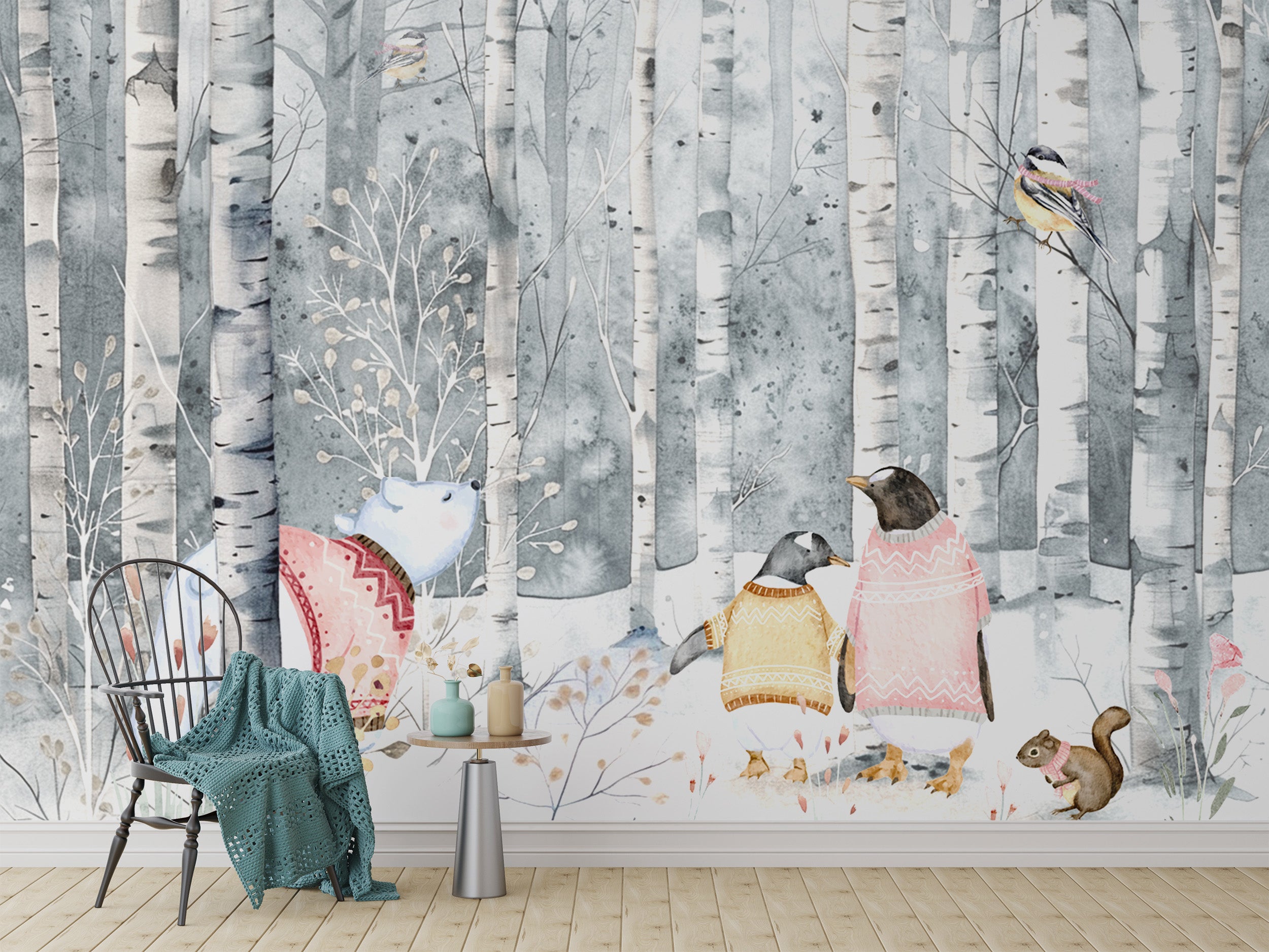 Cozy penguins and polar bear mural for kids' room
