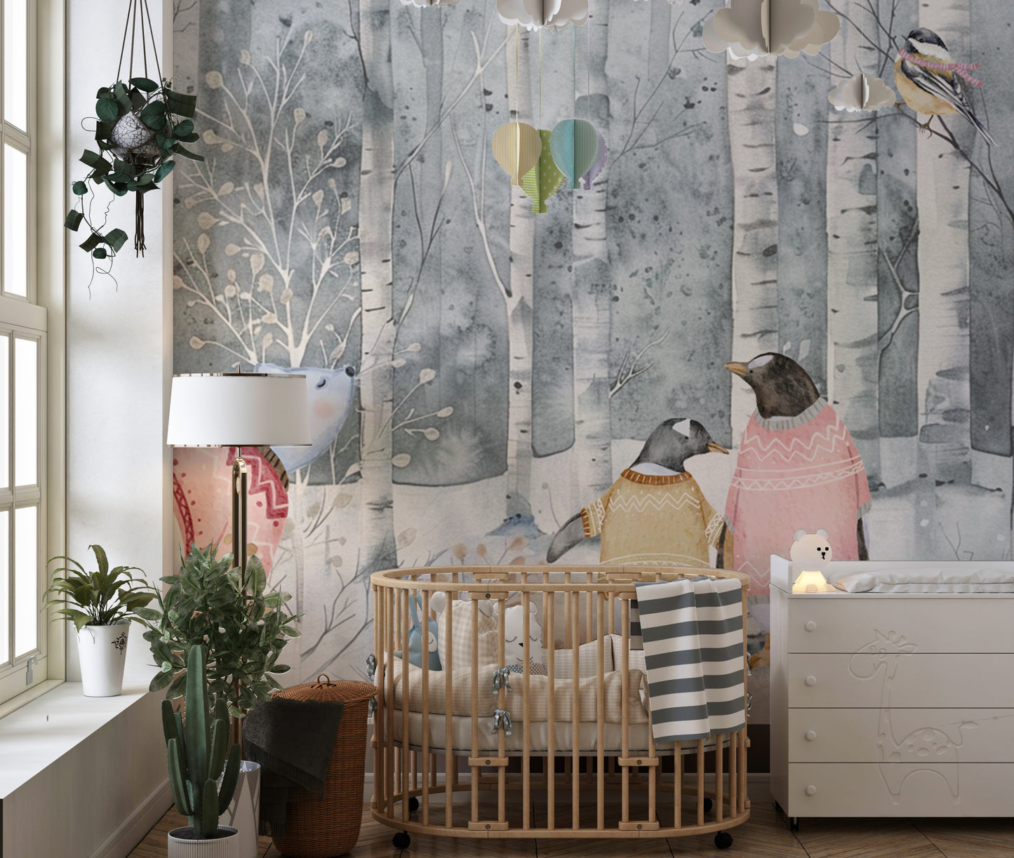 Scandinavian forest wall mural with woodland animals
