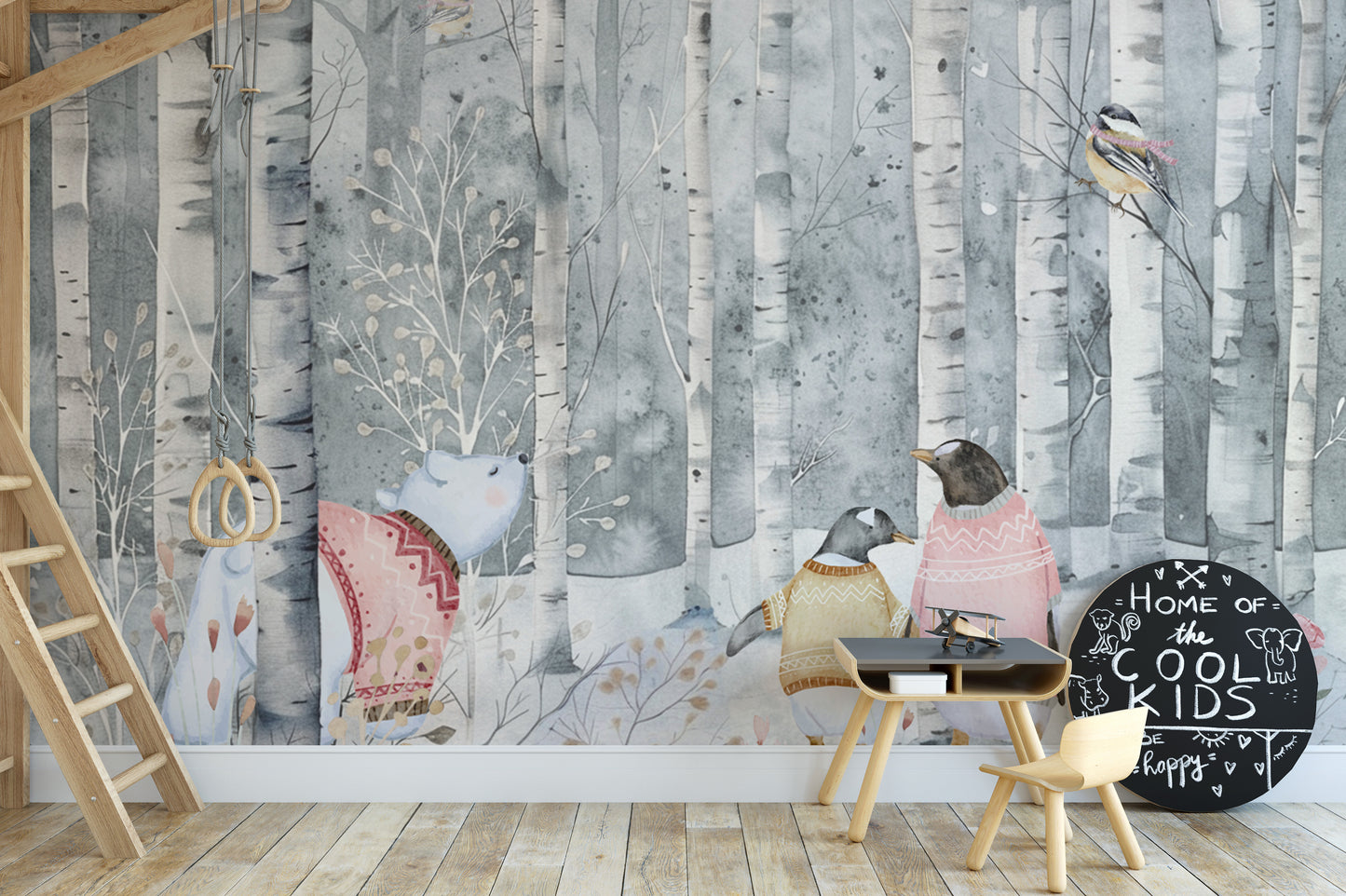 Watercolor winter wonderland mural with birch trees
