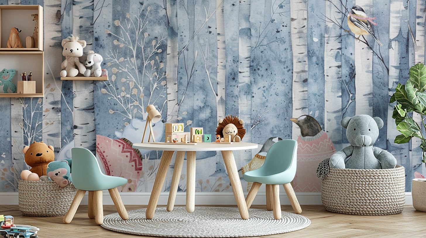 Cute polar bear and penguins in birch tree forest wallpaper
