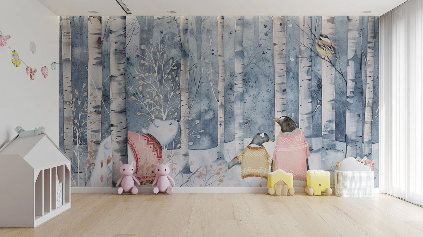 Soft pastel woodland wallpaper with charming animal details
