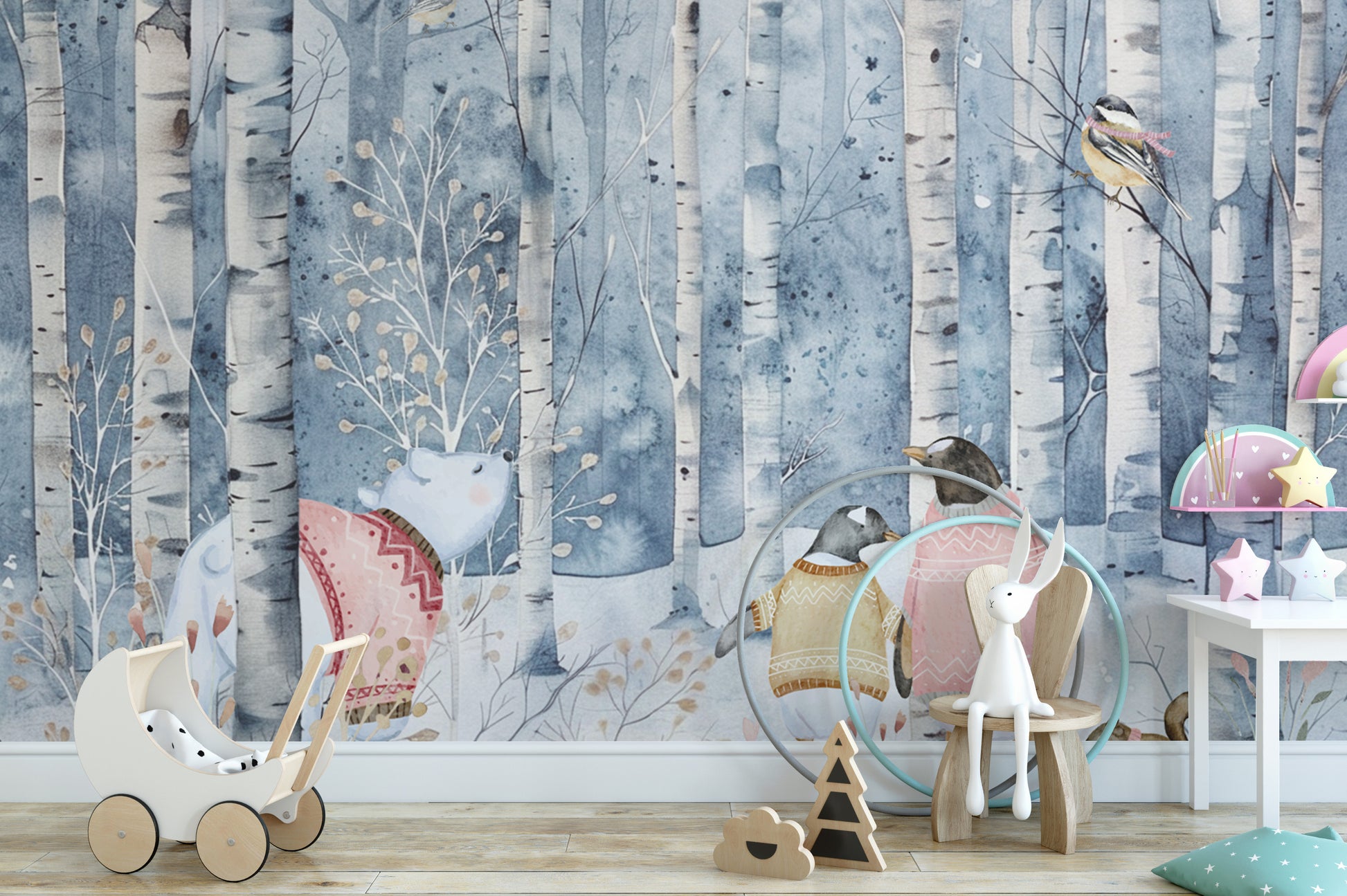 Hand-painted forest wallpaper with cute animal designs
