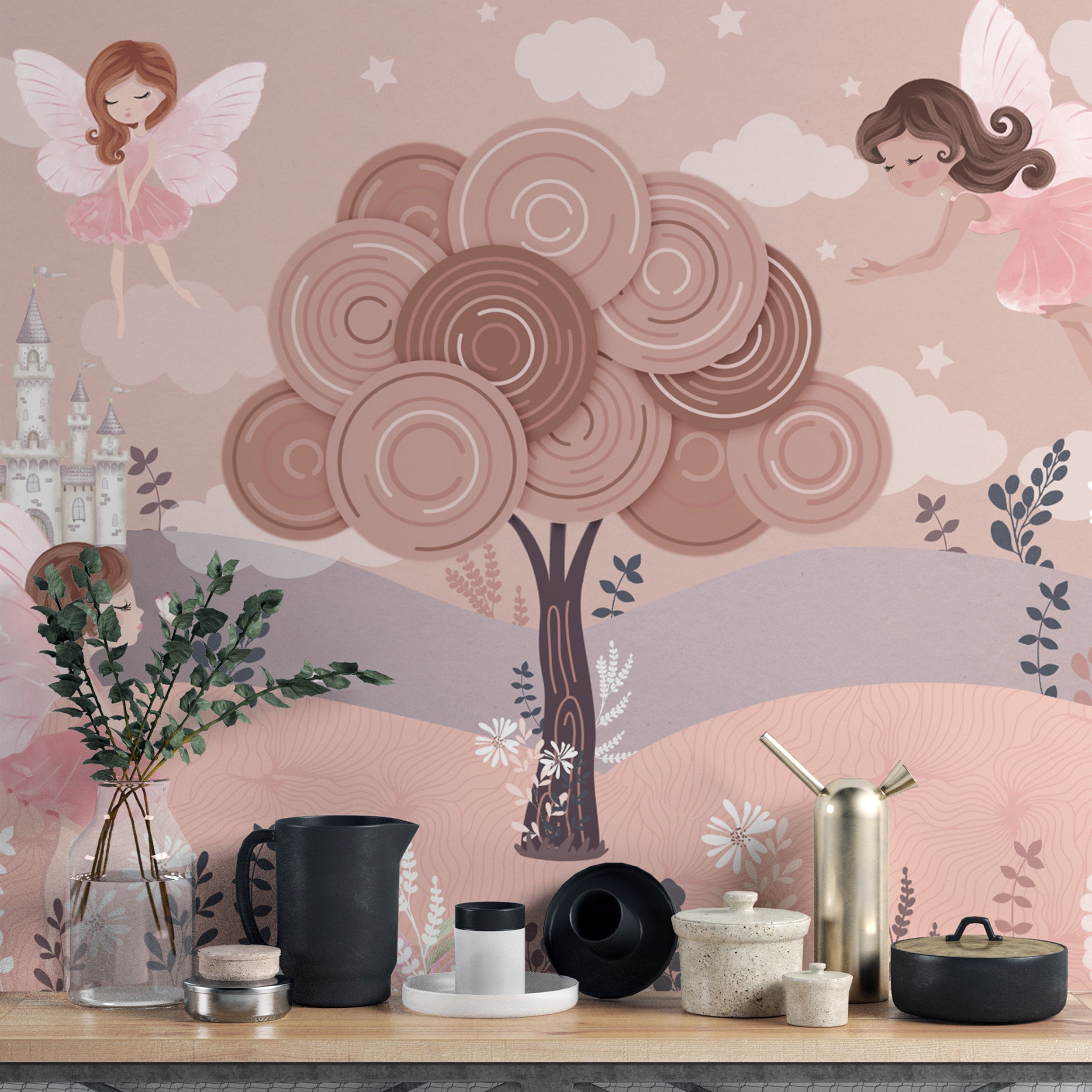 Whimsical fairytale castle and fairy wings wallpaper design
