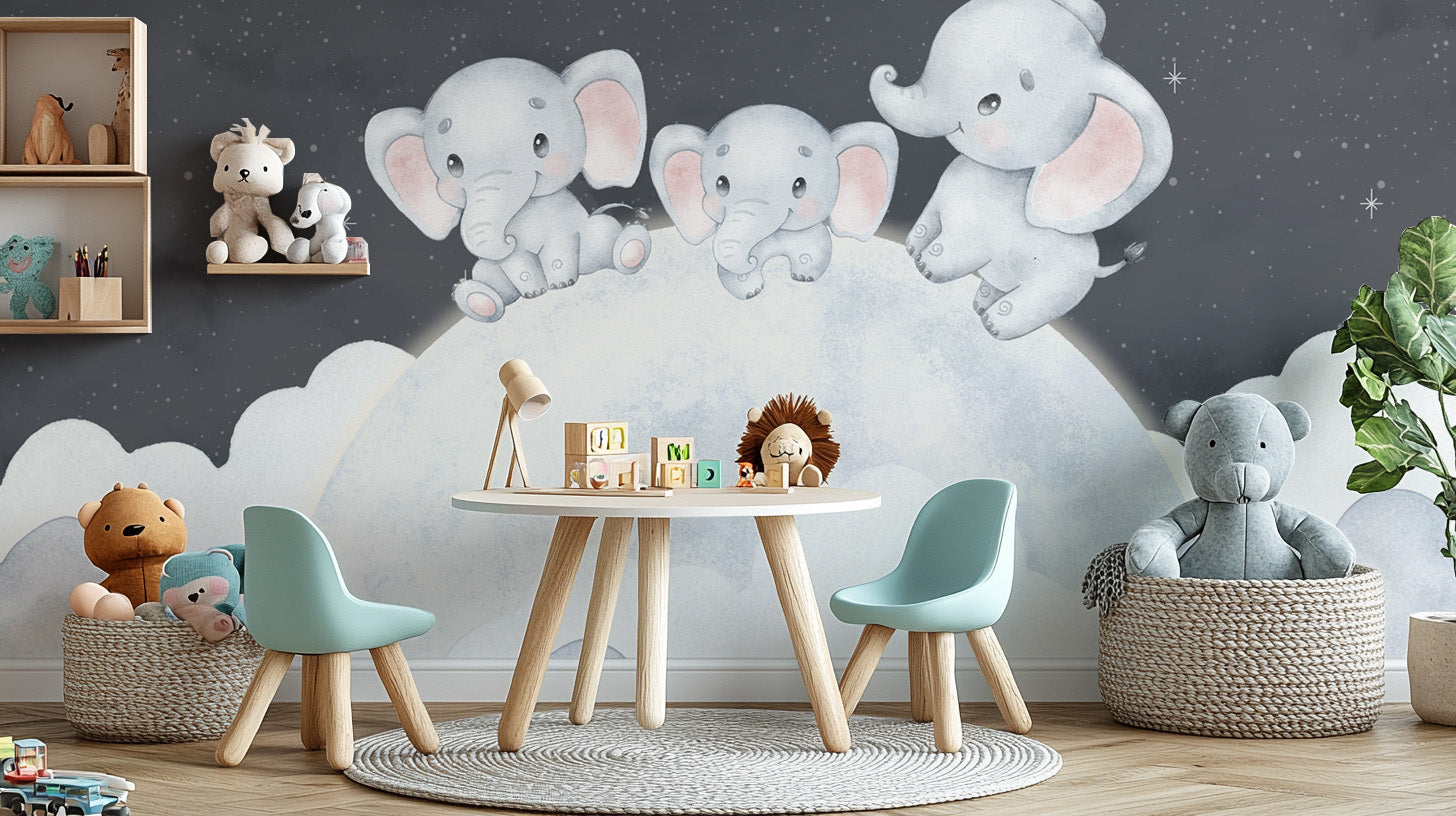 Sleepy baby elephants on a glowing moon wallpaper
