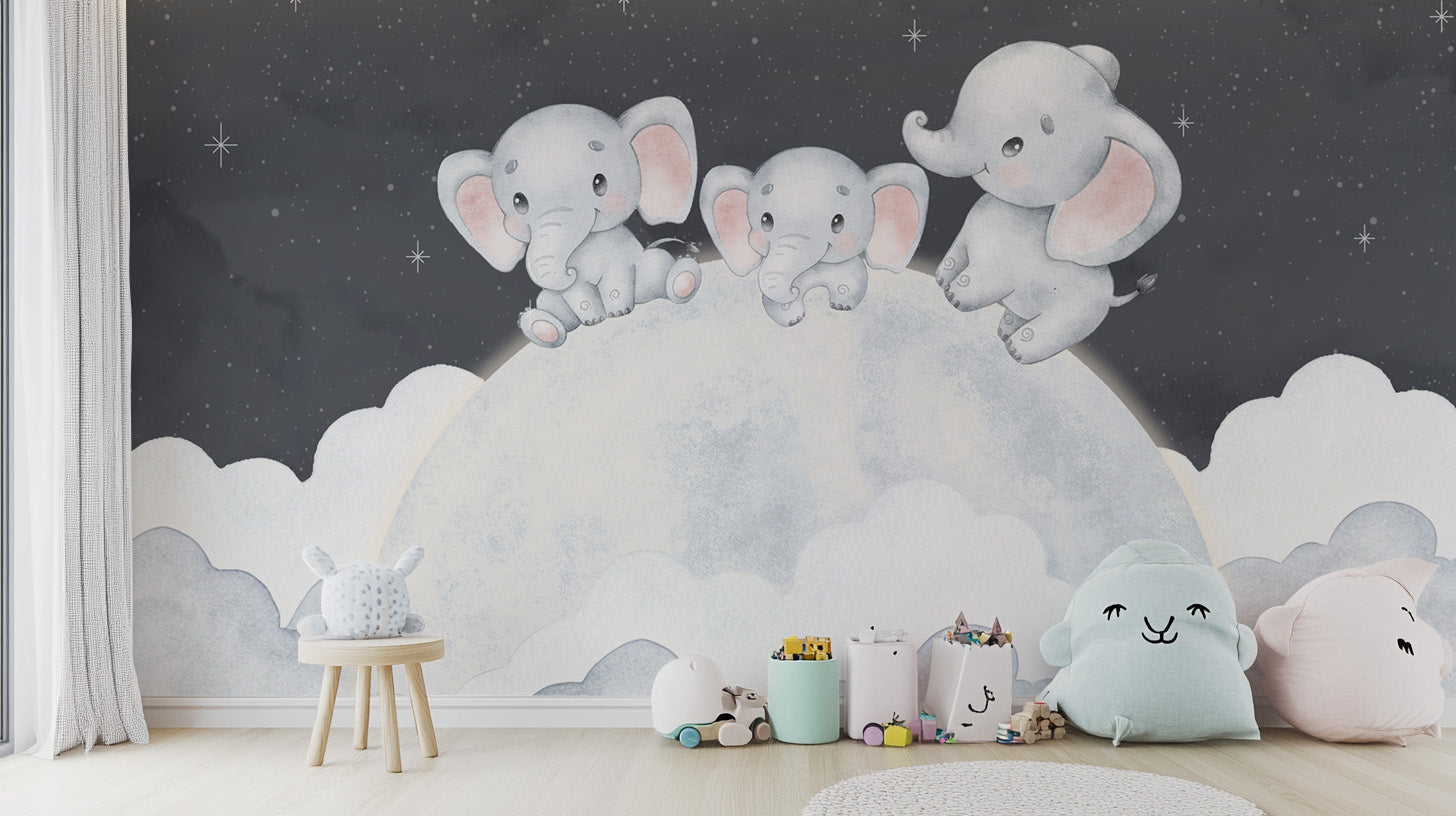 Fluffy clouds and baby elephants nursery wall mural
