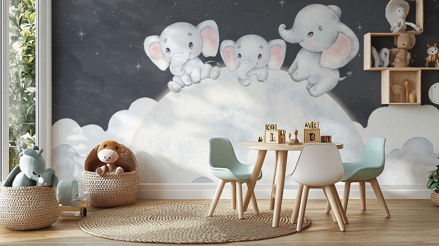 Watercolor baby elephant wallpaper for kids' bedrooms
