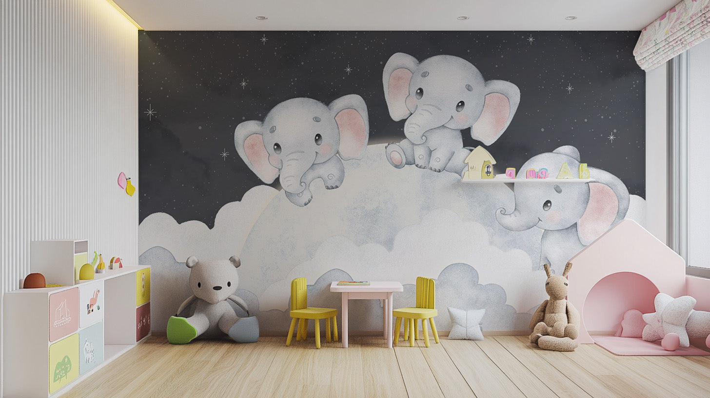 Starry night elephant wallpaper with dreamy clouds
