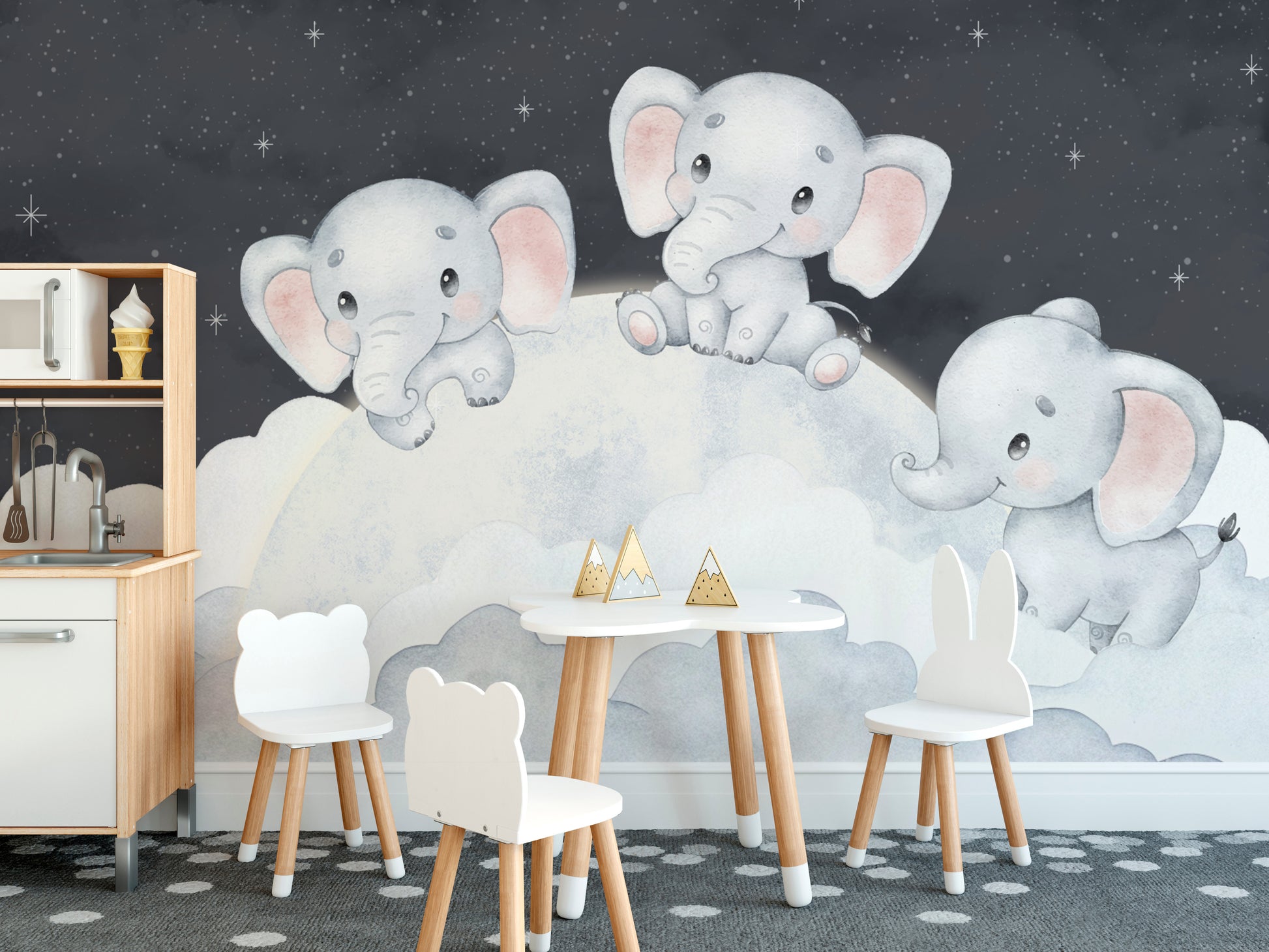 Sleepy elephant cloud mural with moon and stars
