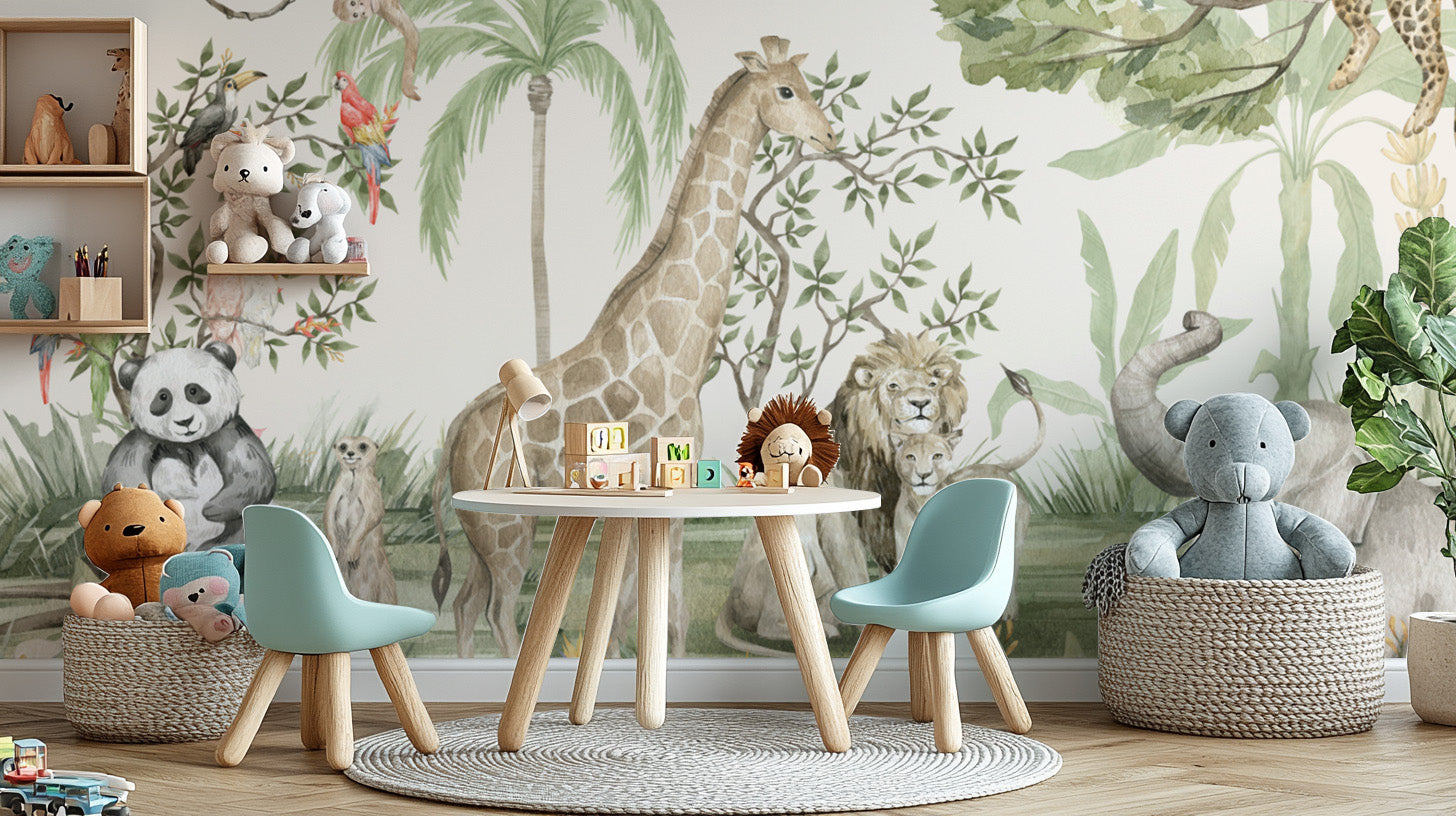 Playful wildlife adventure wall mural for kids’ rooms
