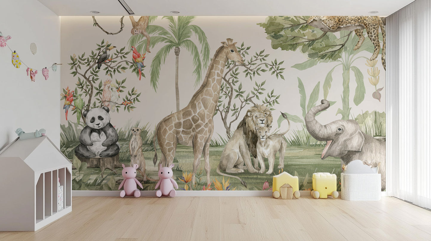 Lush rainforest mural with monkeys and tropical plants
