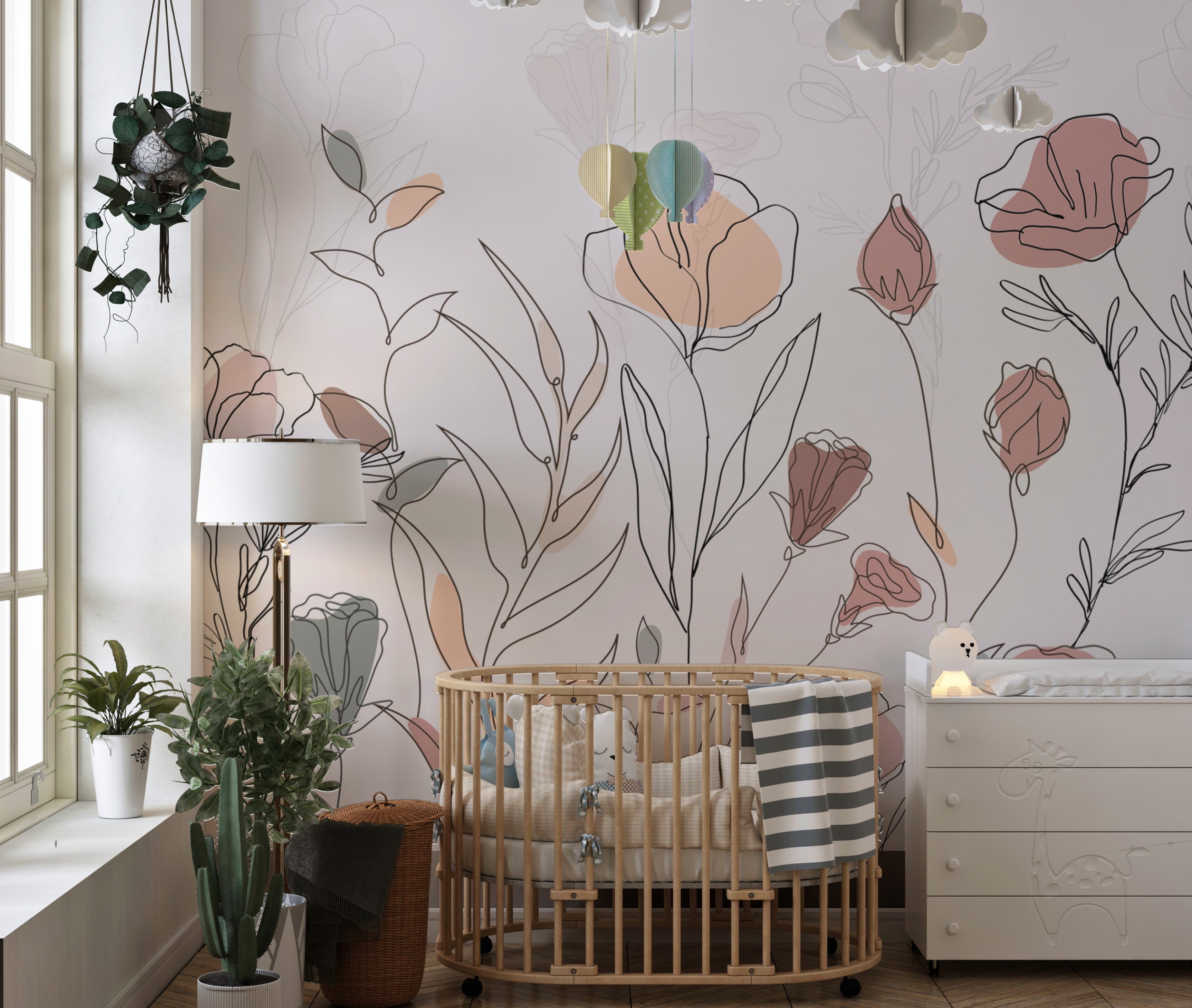 Soft pastel botanical mural with artistic florals
