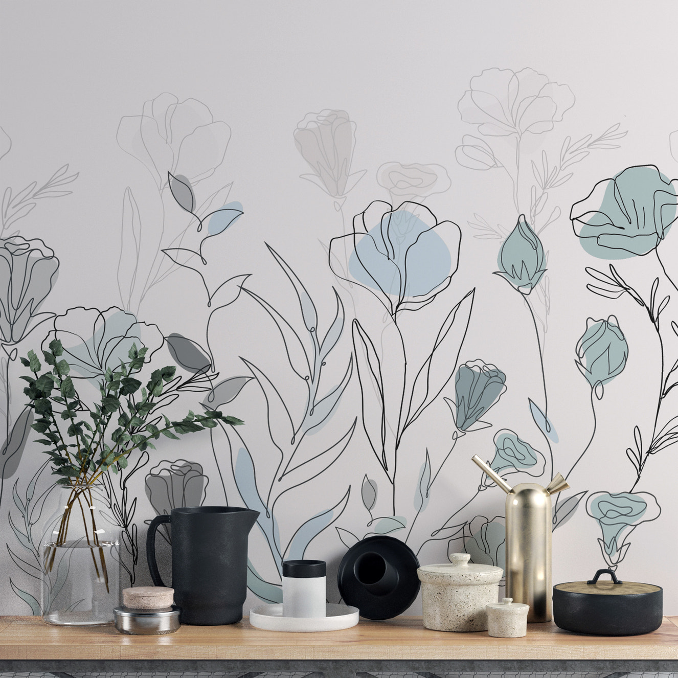 Minimalist floral line art wallpaper with soft pastel tones
