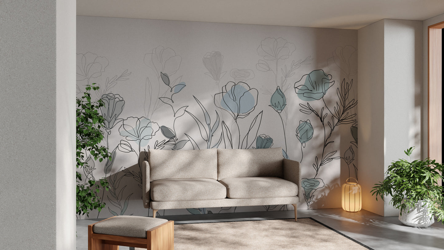 Abstract botanical wallpaper in muted blue and gray
