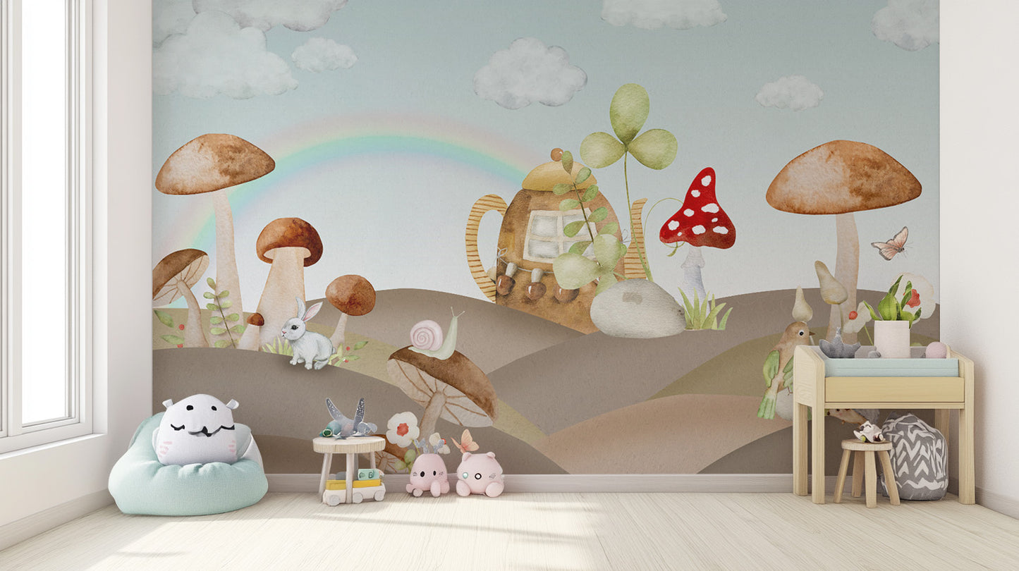 Fairy tale forest wallpaper with a rainbow and clouds
