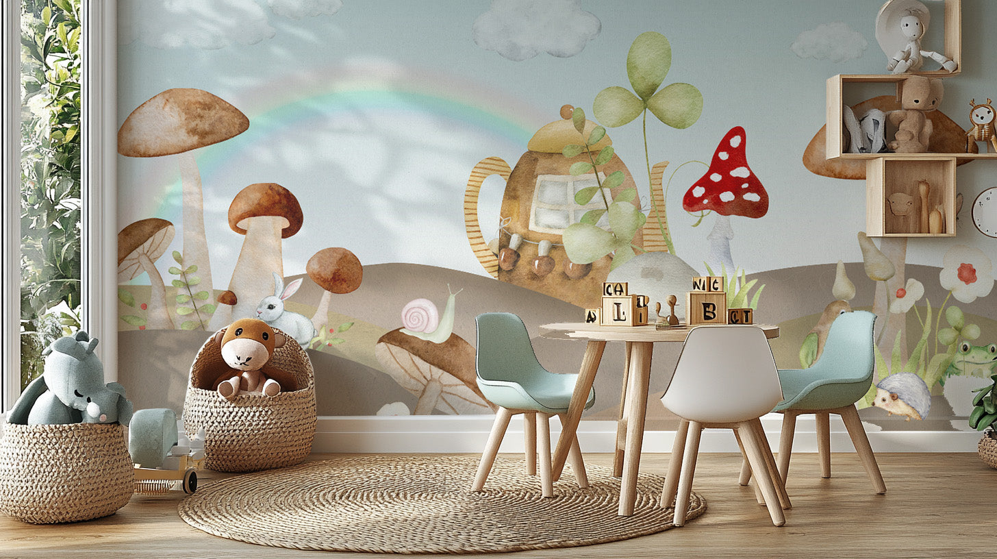 Magical mushroom wallpaper with soft pastel colors
