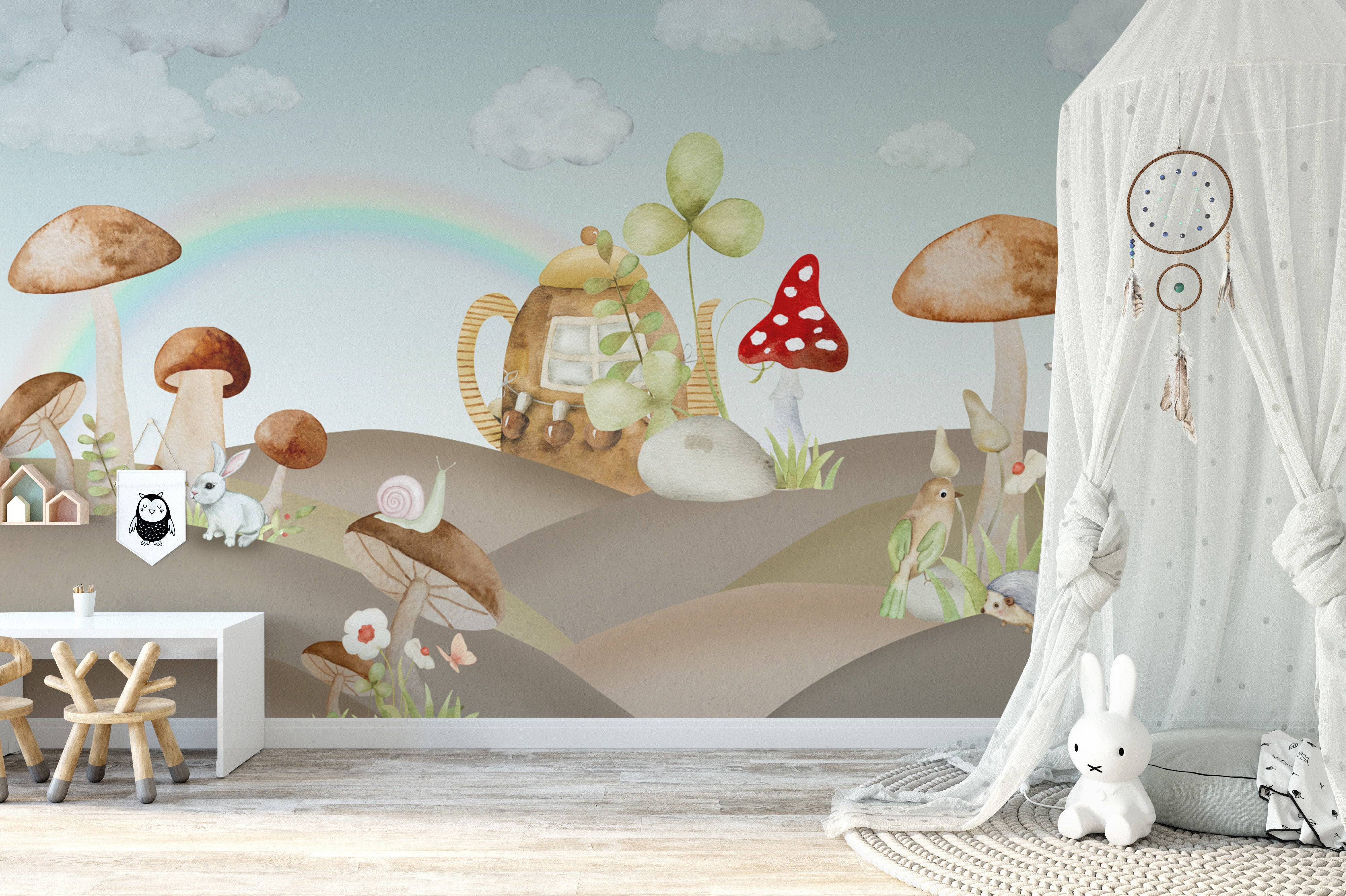 Watercolor kids room wallpaper with a fairy tale scene
