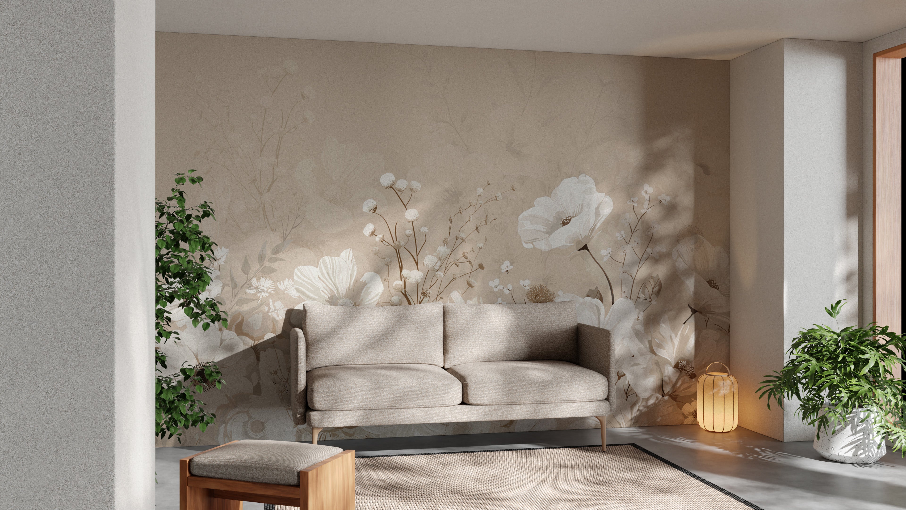 Elegant large bloom beige wall covering
