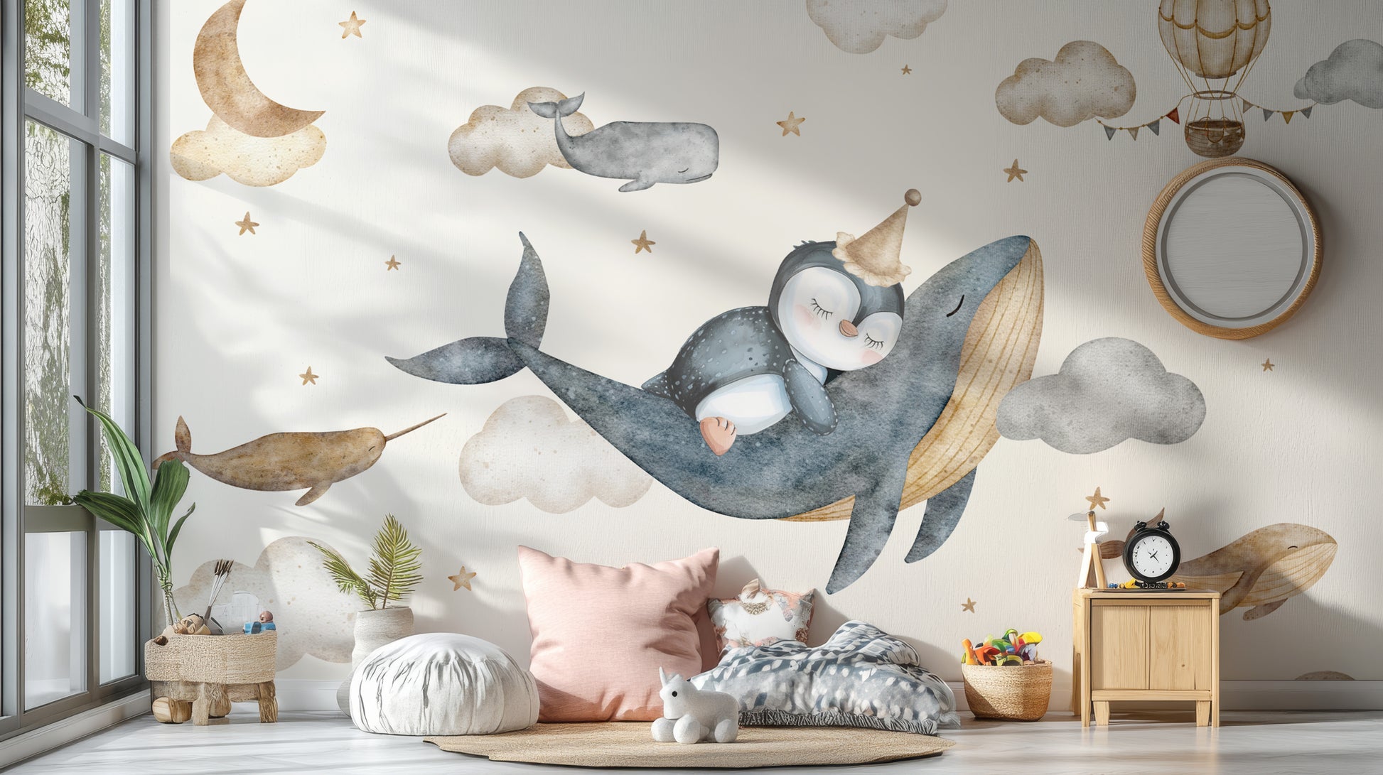 Soft pastel cloud and stars wallpaper for nursery
