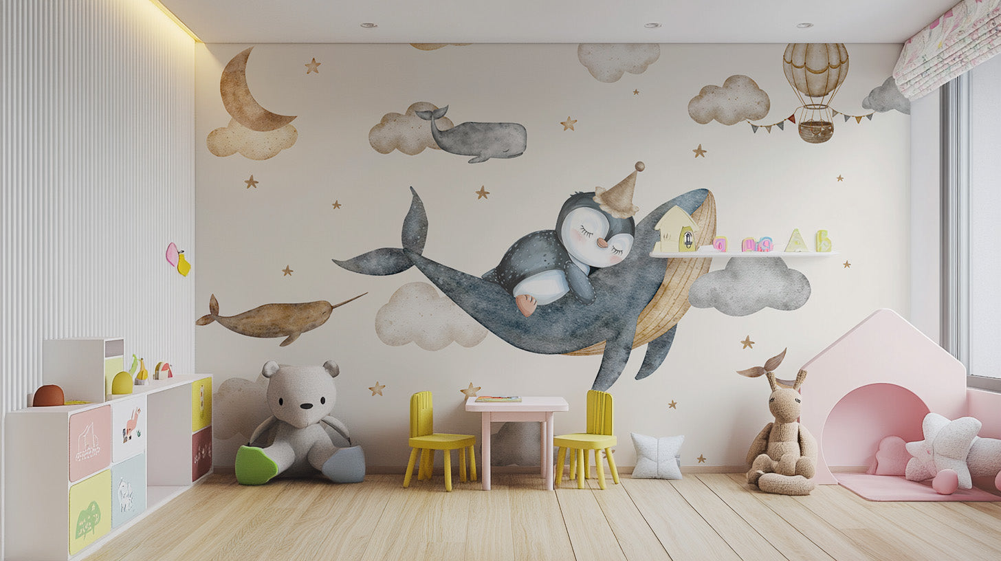 Penguin on whale wallpaper with dreamy background
