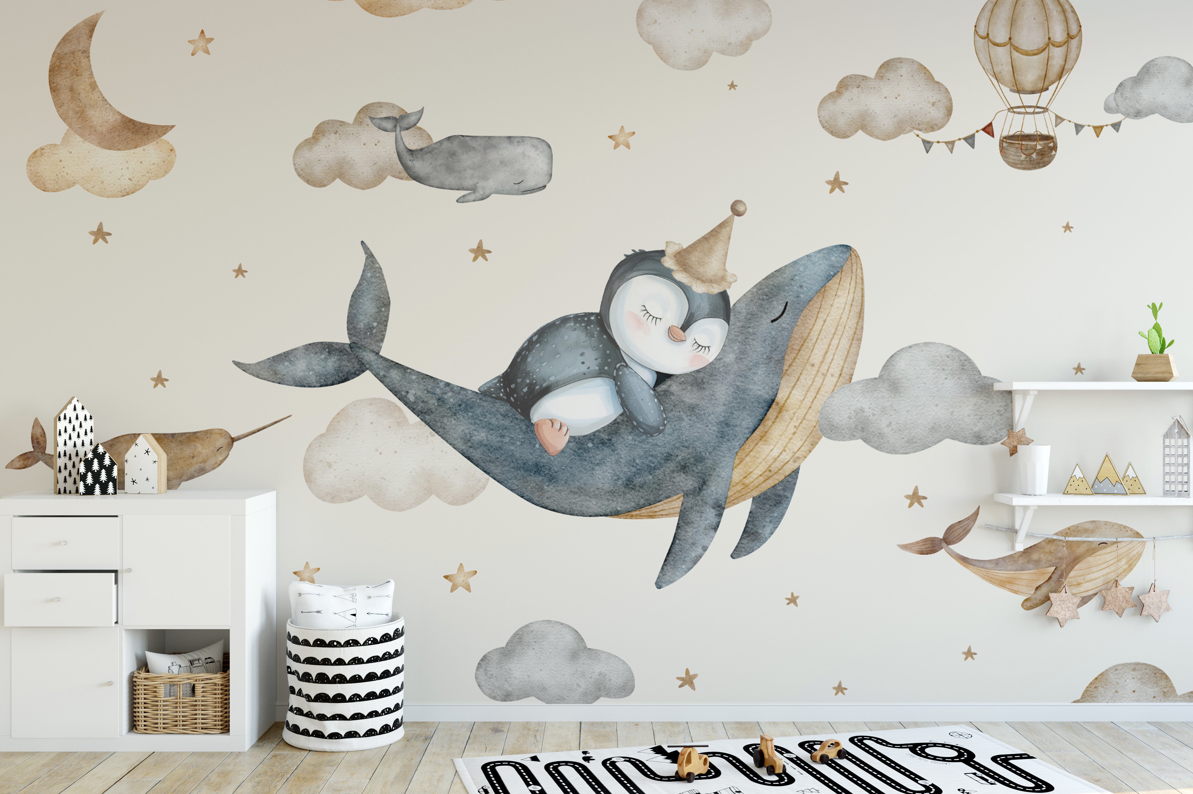 Sleepy penguin riding a whale in soft pastel tones
