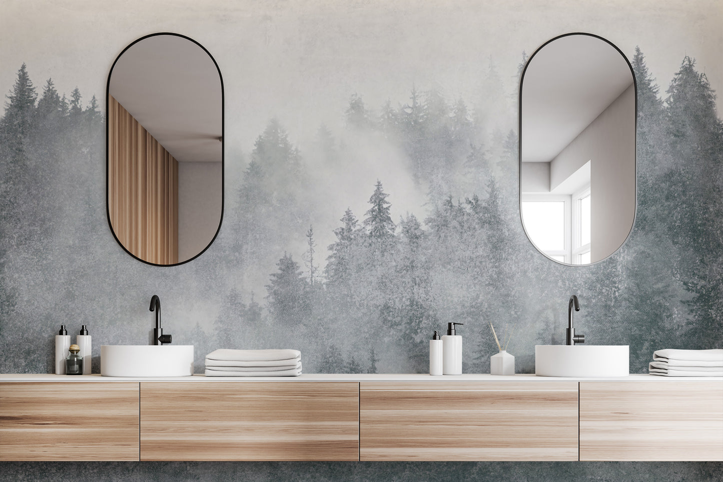 Foggy pine tree forest wallpaper for modern interiors
