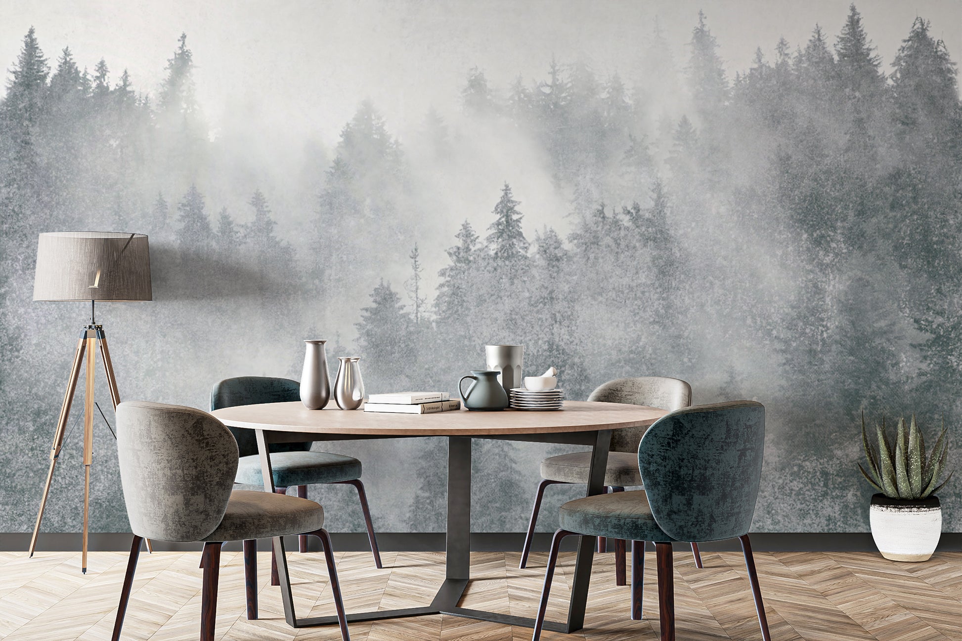 Scenic misty woodland wallpaper with soft natural tones
