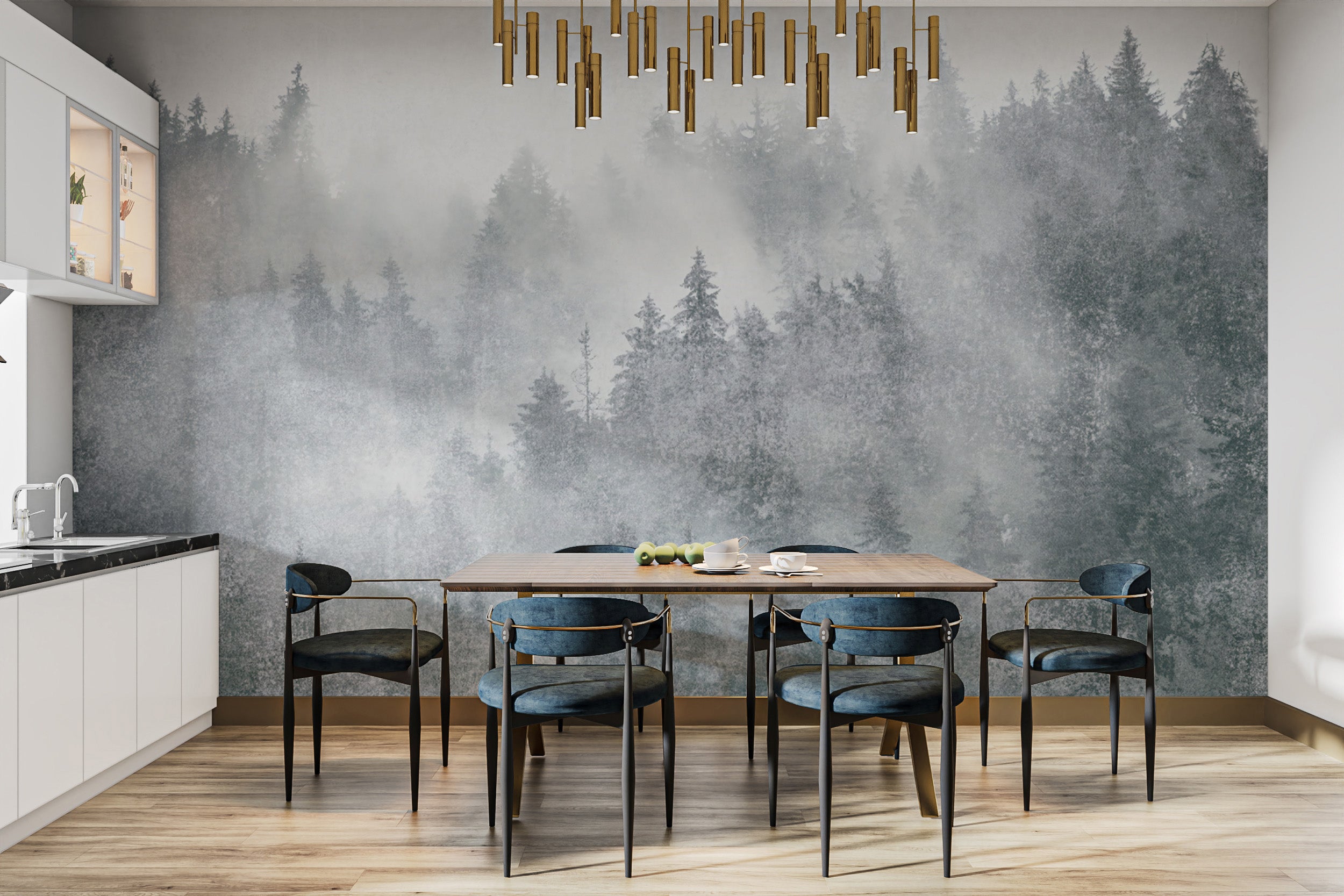 Tall pine tree wallpaper with dreamy misty layers
