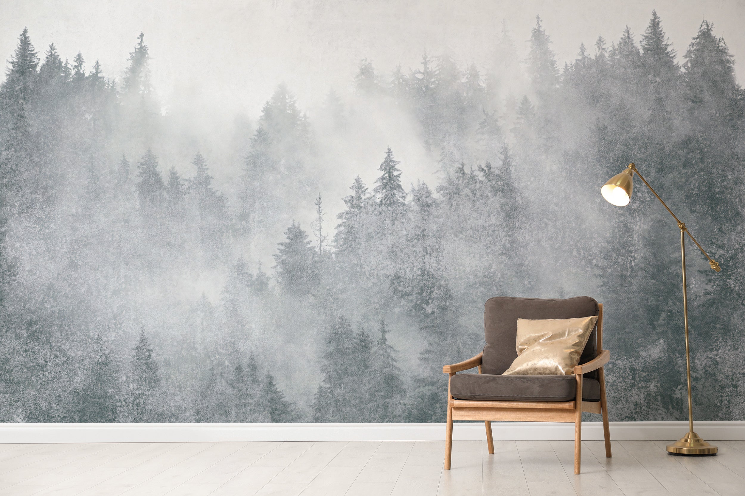 Peaceful forest wallpaper with realistic pine tree details
