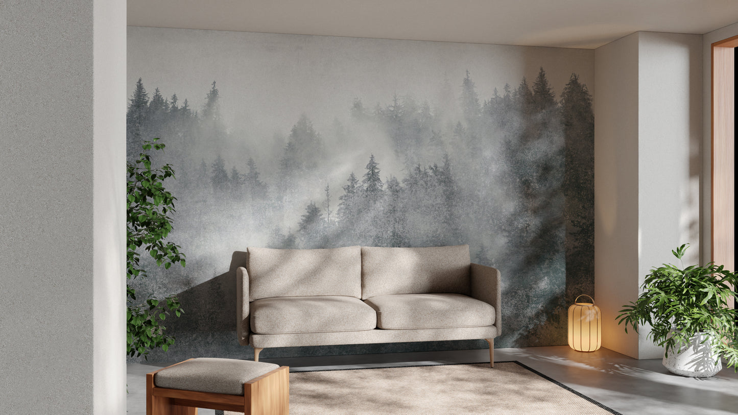 Nature-inspired misty forest wallpaper for peaceful spaces
