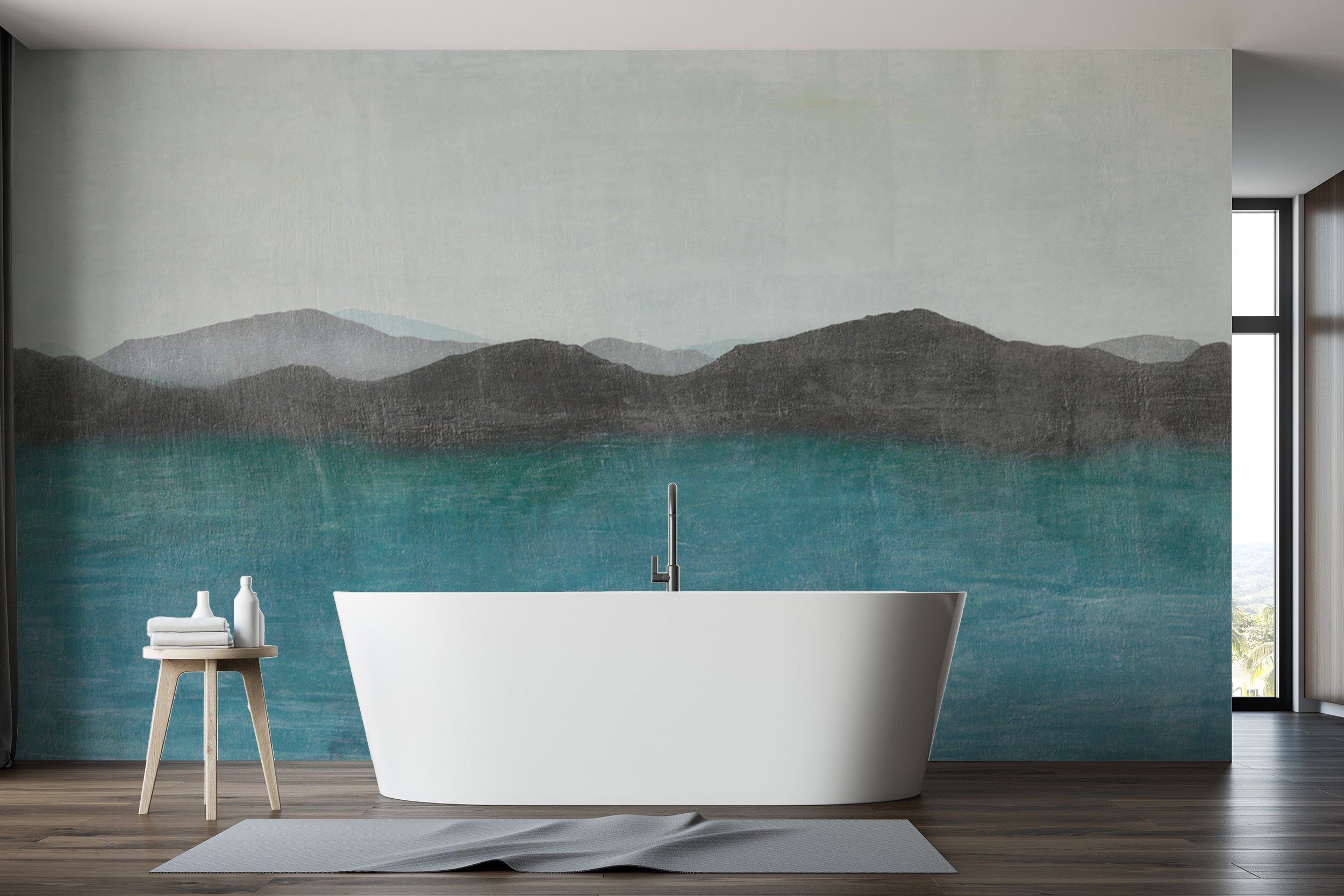 Misty mountain watercolor wallpaper in soft blue hues
