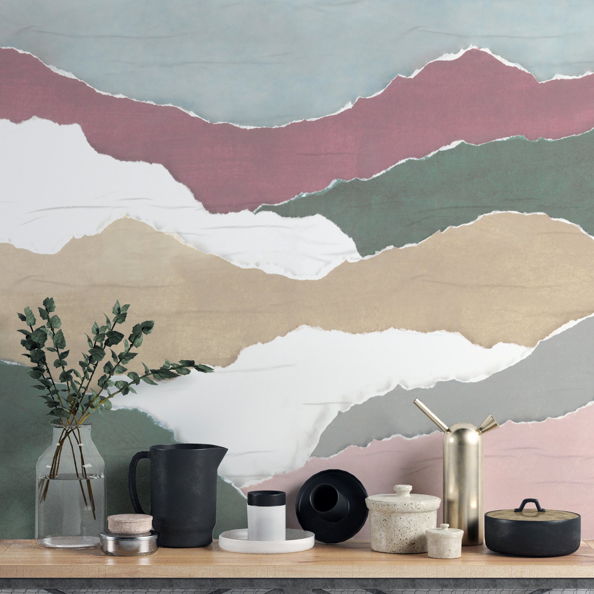 Organic landscape wallpaper in muted tones
