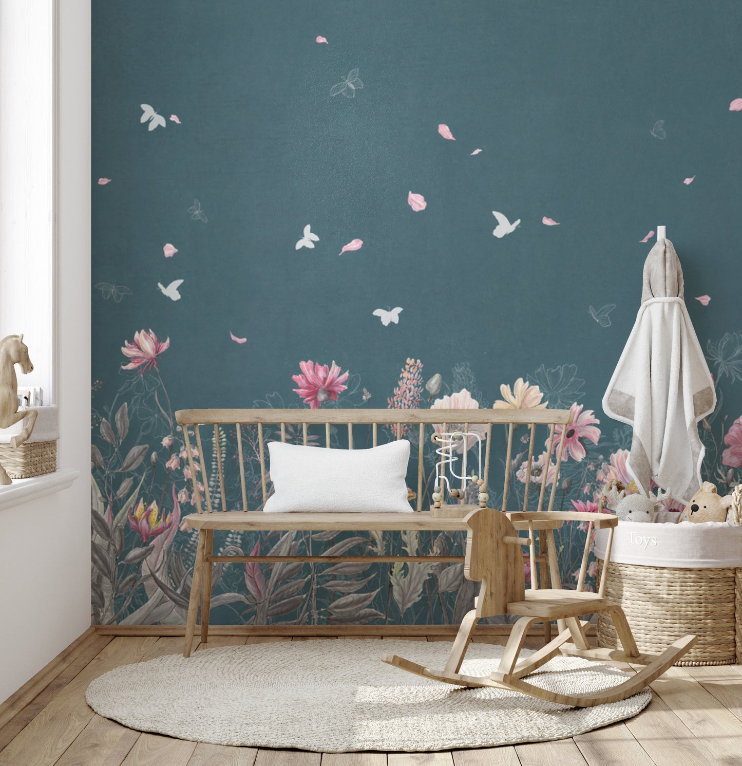 Teal floral botanical wallpaper design
