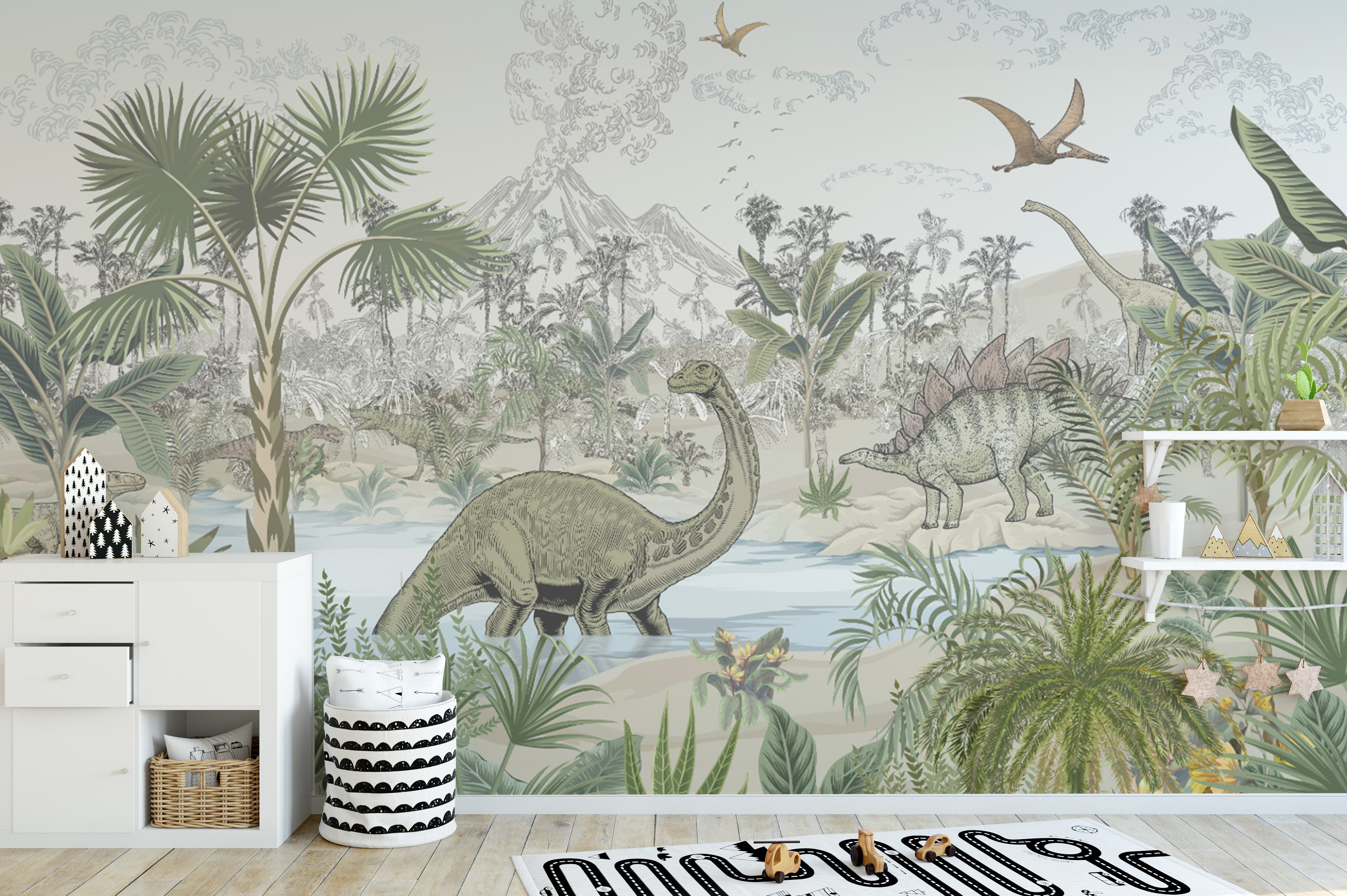 Prehistoric jungle wall mural with dinosaurs
