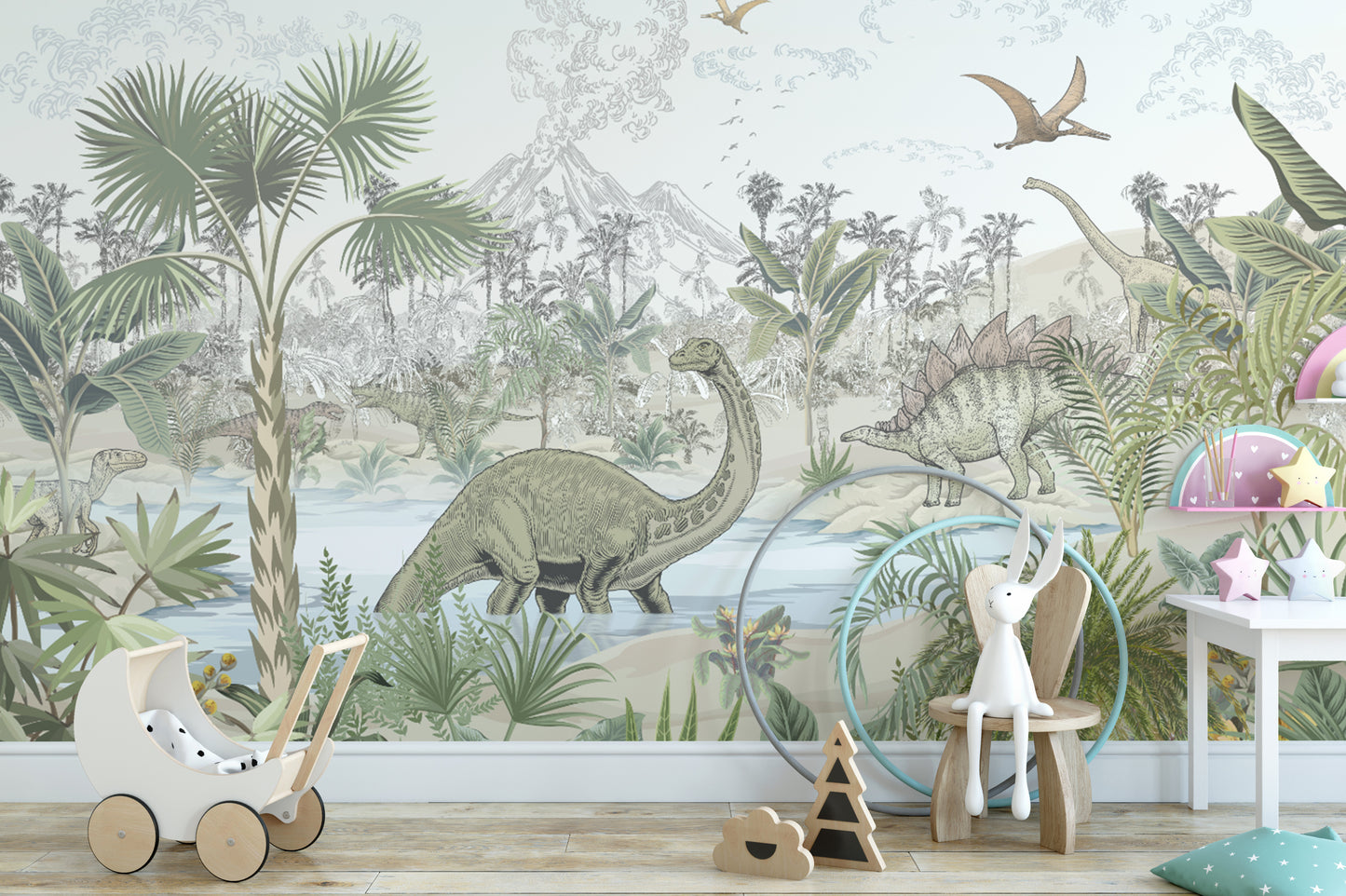 Fun dinosaur wallpaper for kids' rooms
