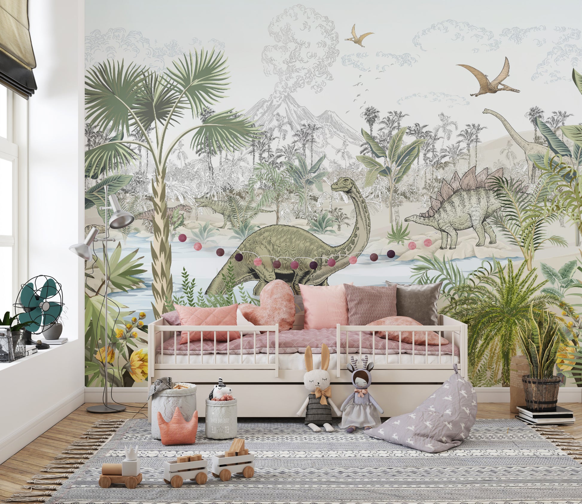 Dino-themed wallpaper with tropical plants
