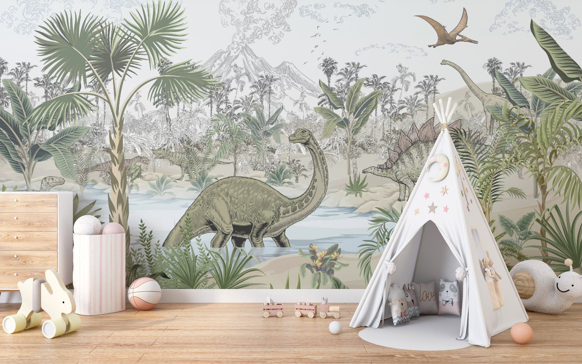 Colorful prehistoric wallpaper for children
