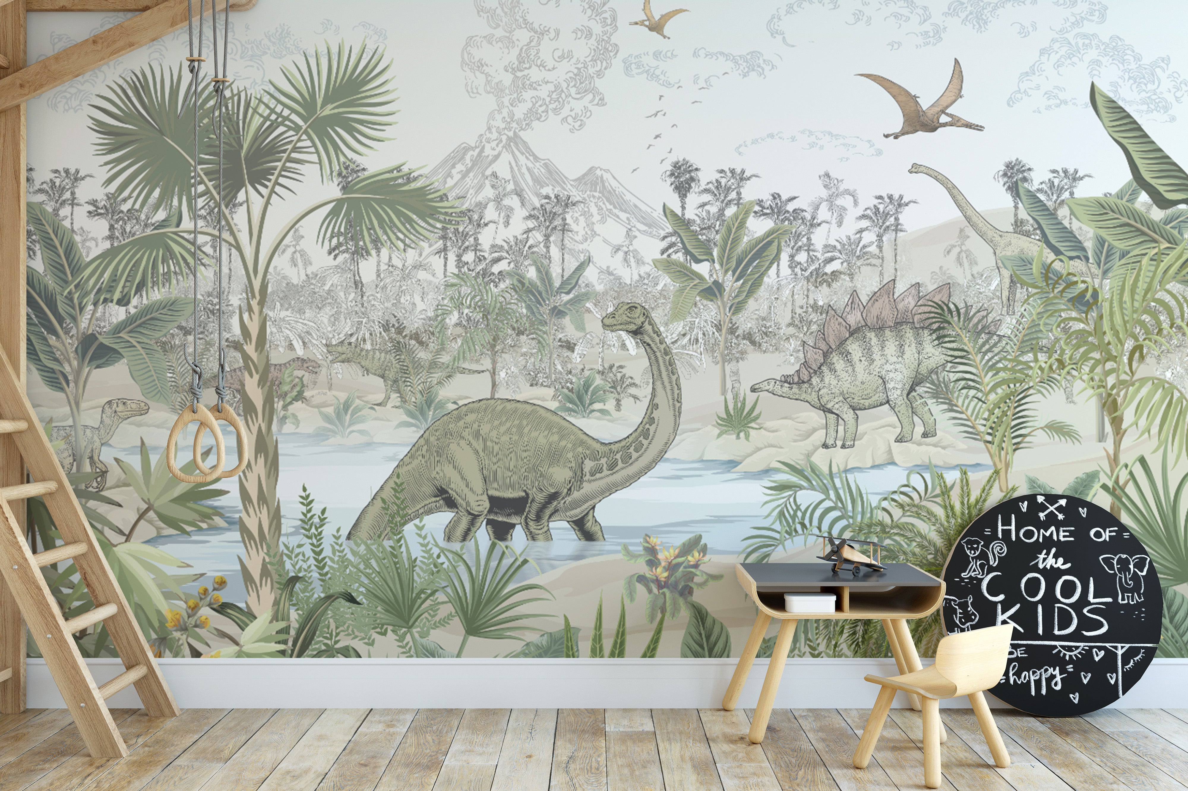 Adventure-themed dinosaur wall mural design
