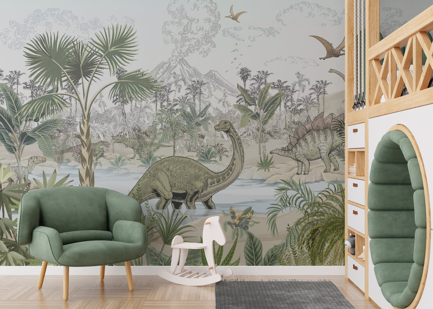 Kids' dinosaur wallpaper with vibrant greenery




