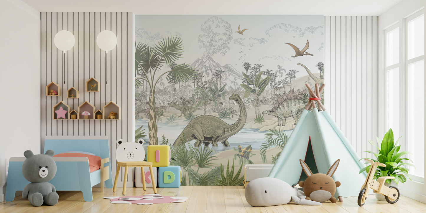 Tropical dinosaur jungle wallpaper design
