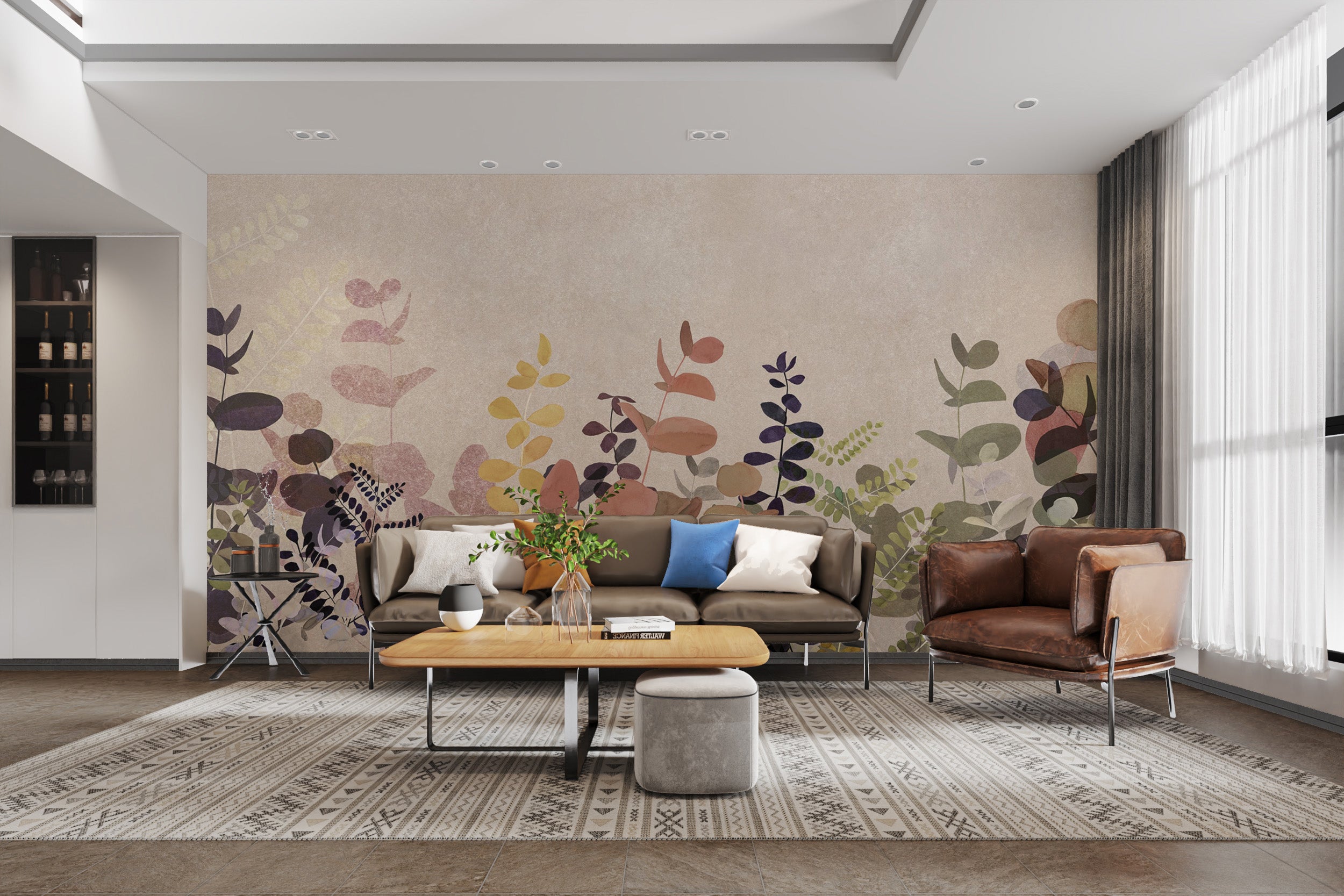 Soft foliage wallpaper with terracotta and olive tones
