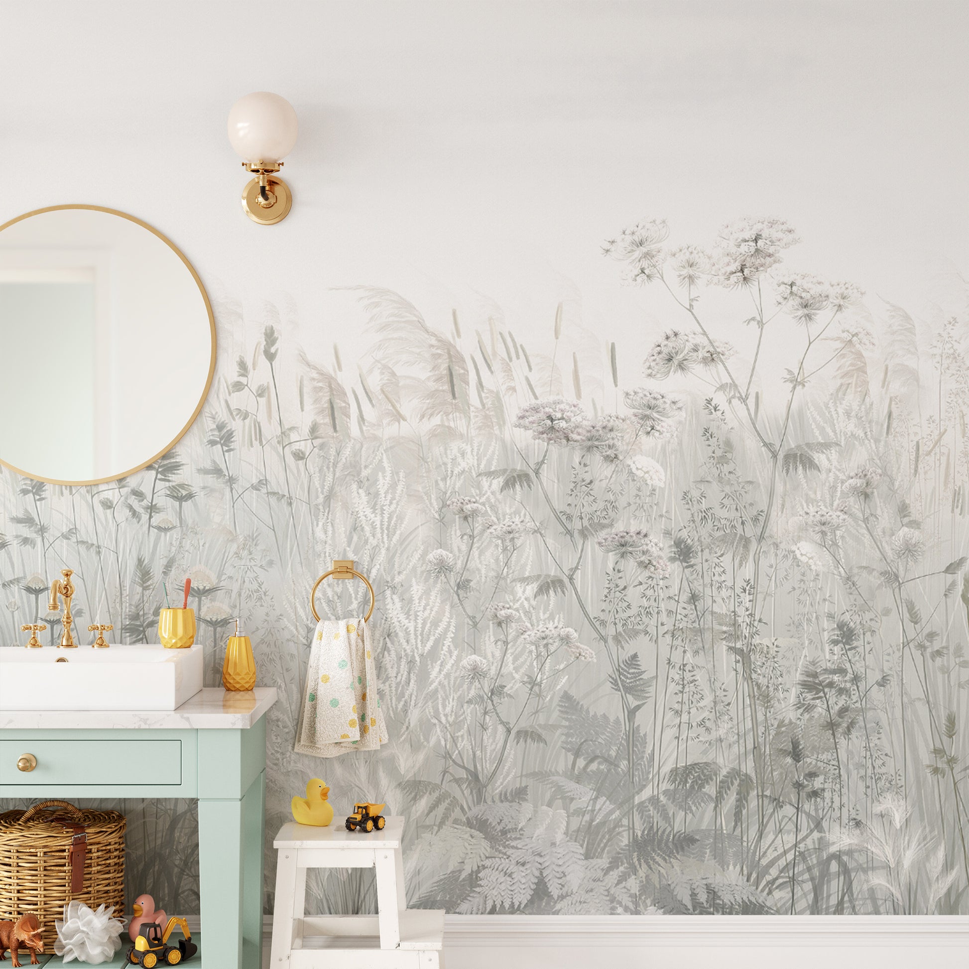 Scandinavian wildflower mural in soft color palette
