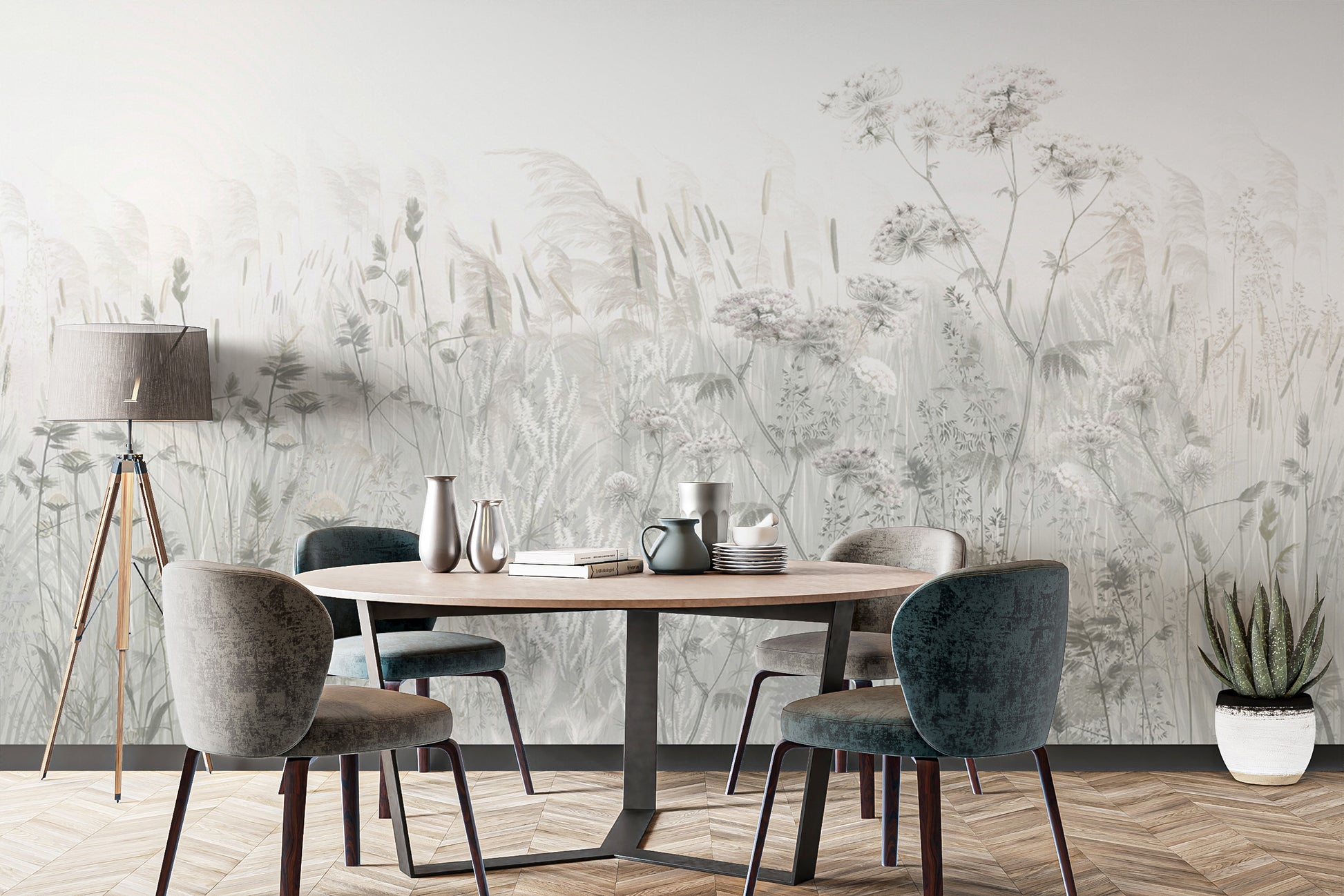 Soft botanical wallpaper with wildflowers and grasses
