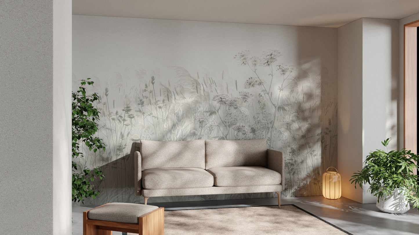 Delicate botanical wall mural in muted tones
