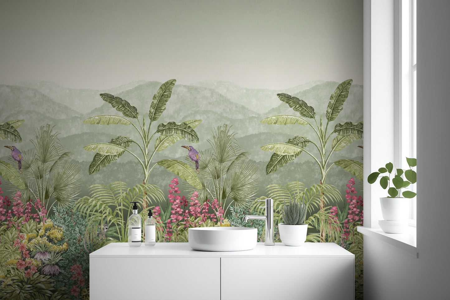 Vibrant tropical jungle wallpaper with foliage and blooms
